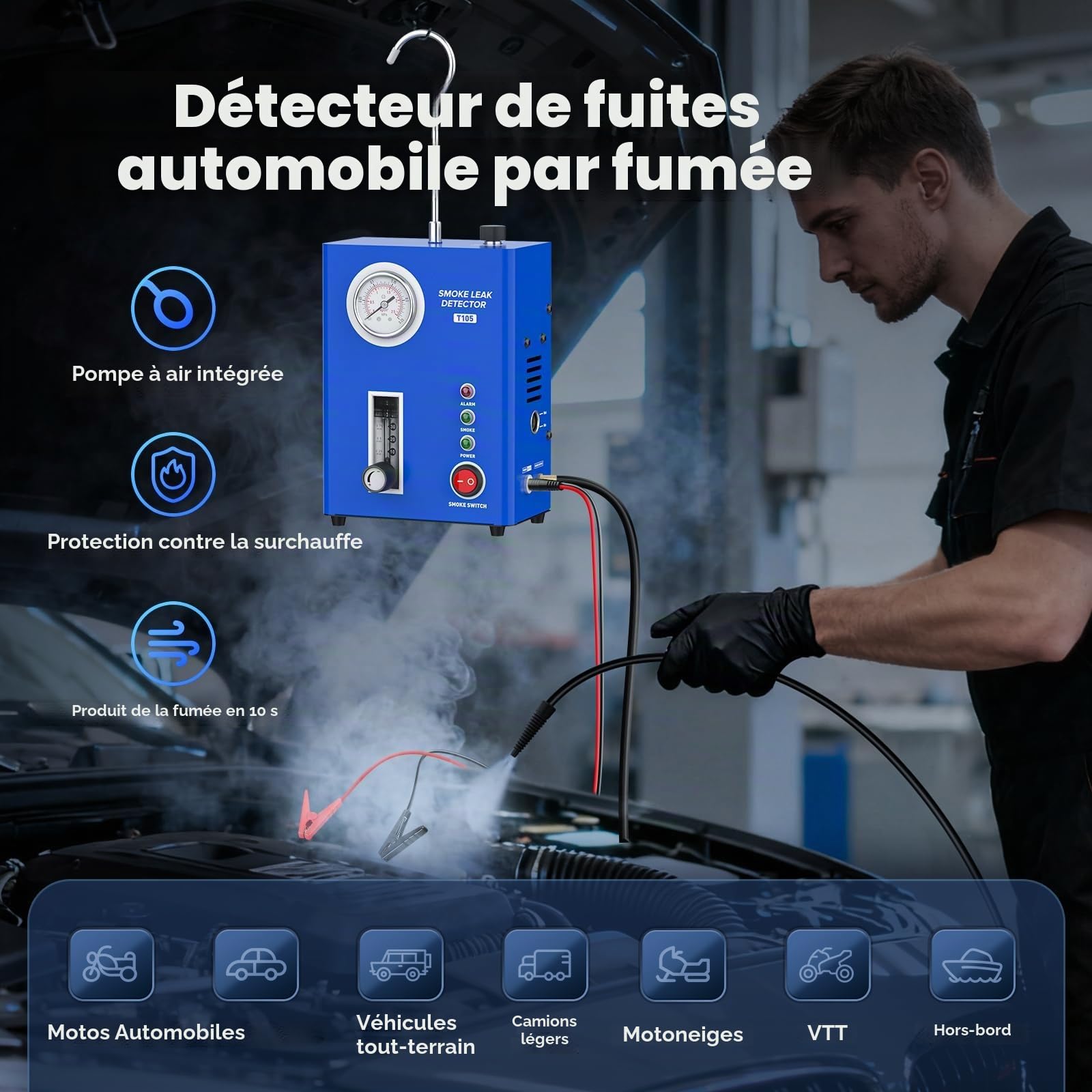 PLAYOCCAR Machine à Fumée Dépistage Fuites Auto, EVAP avec Pompe Air Intégrée & Manomètre, 12V pour Tuyauteries, Fuites Carburant & Vide, Toutes Voitures.