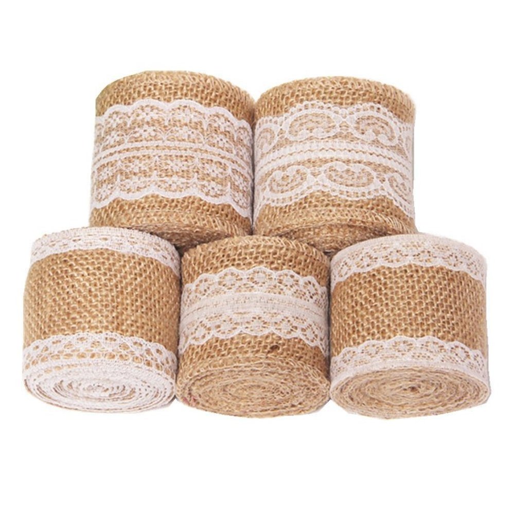 Jute Burlap Rolls Ribbon with White Lace Idea for Burlap Bows Burlap Wreaths Crafts and Rustic Decor