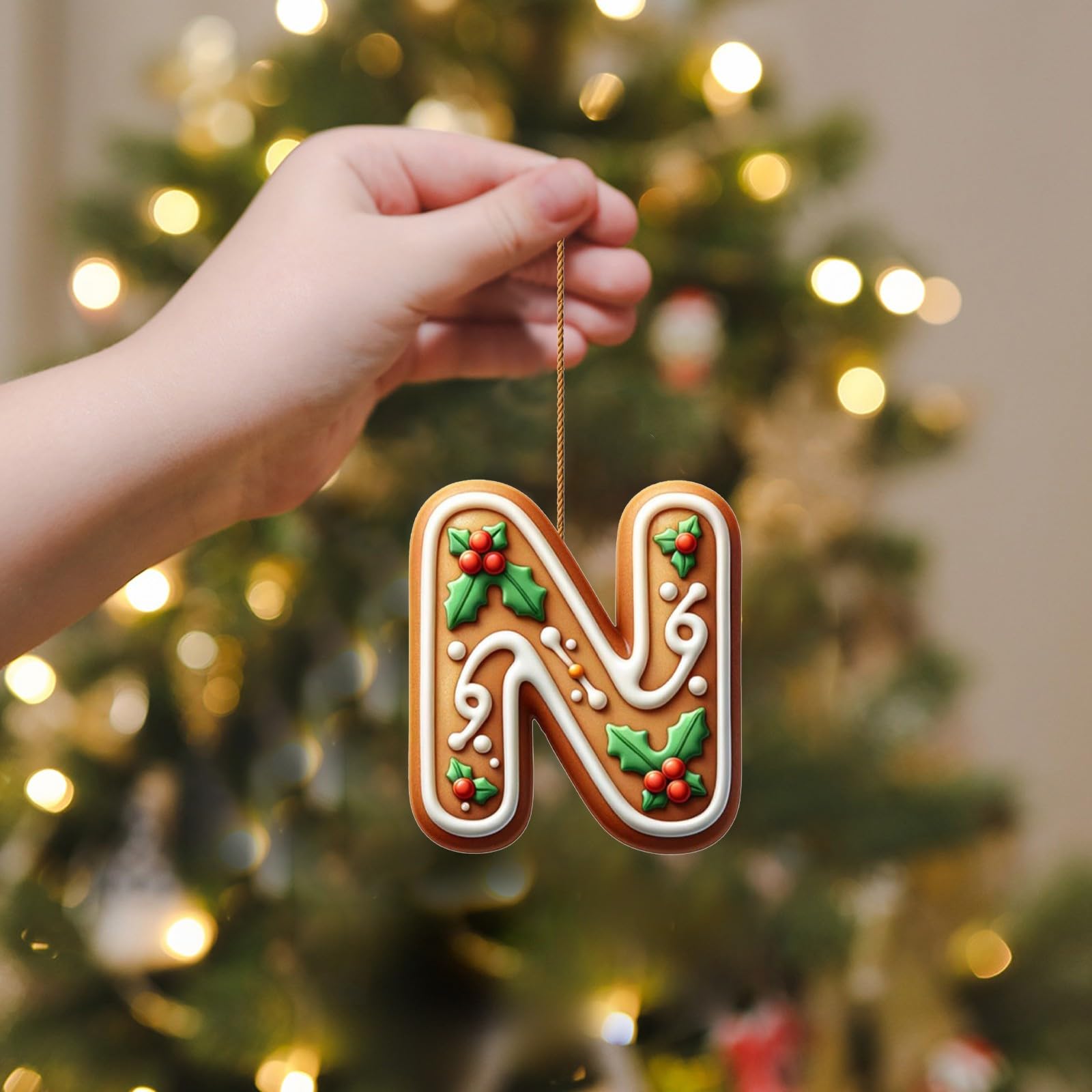 Corlidea A-Z 26 Gingerbread Alphabet Ornaments for Christmas Tree Decorations, Candy Cane Initial Letter Xmas Pendant with Berries Pattern, Christmas Tree Hanging Ornaments DIY for Home Party Decor