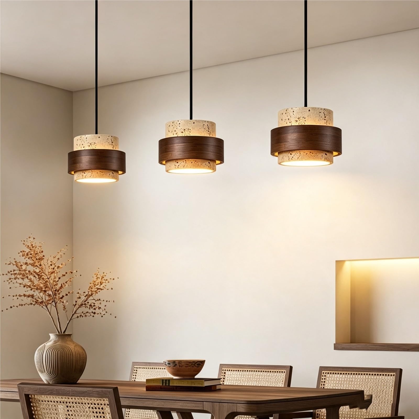 Mini lámpara colgante travertino nogal lámpara individual Japanese Style | Estilo japonés lámpara cilíndrica travertino madera nogal cordón ajustable para isla cocina dormitorio