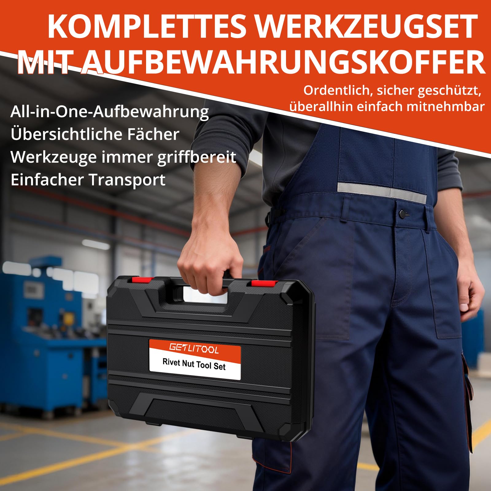 GETLITOOL Nietmutternzange Set, 40cm Nietzange inkl. 120 Nietmuttern, M3-M12 Dorne, Gewindenieten Zange Set für Kfz-Reparatur Metall Holz Möbel, Rutschfest Griff Einnietmutternzange mit Tragekoffer