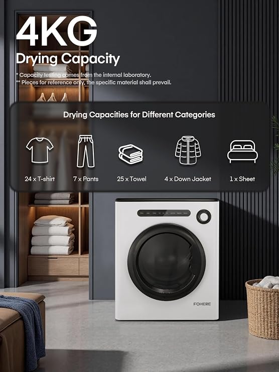 4KG Vented Tumble Dryer, FOHERE 1200W Compact Vented Tumble Dryer, 6 Auto Drying Mode, Smart Drying, Double Temperature Control Protection, for Apartment, Home, Dorm, RVs, White [Energy Class A+]