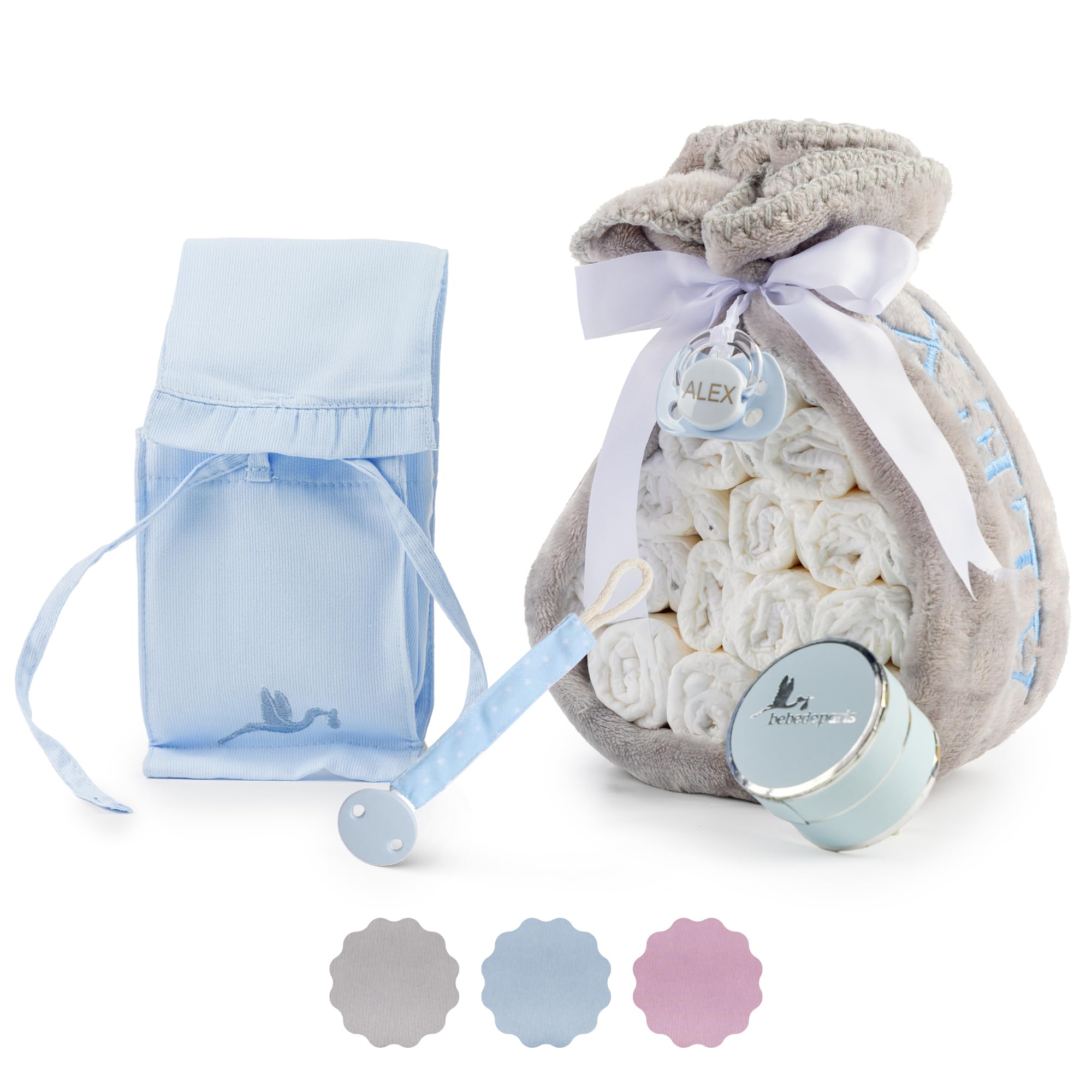 Tarta de Pañales para Recién Nacida con Manta Bordada + 15 Pañales Talla 2 + Chupete Personalizado Azul | BebeDeParis