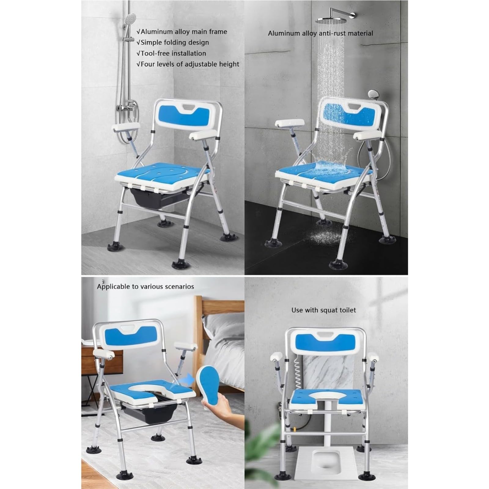 Silla De Ducha Plegable Altura Regulable Antideslizante Asiento De Ducha Plegable con Reposabrazos Y Respaldo para Ancianos, Discapacitados, Personas Mayores Y Embarazadas
