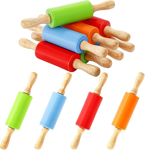 SOUJOY Paquete de 8 mini rodillos, rodillo de masa pequeño de 9 pulgadas con mango de madera, rodillo de silicona para masa para niños,