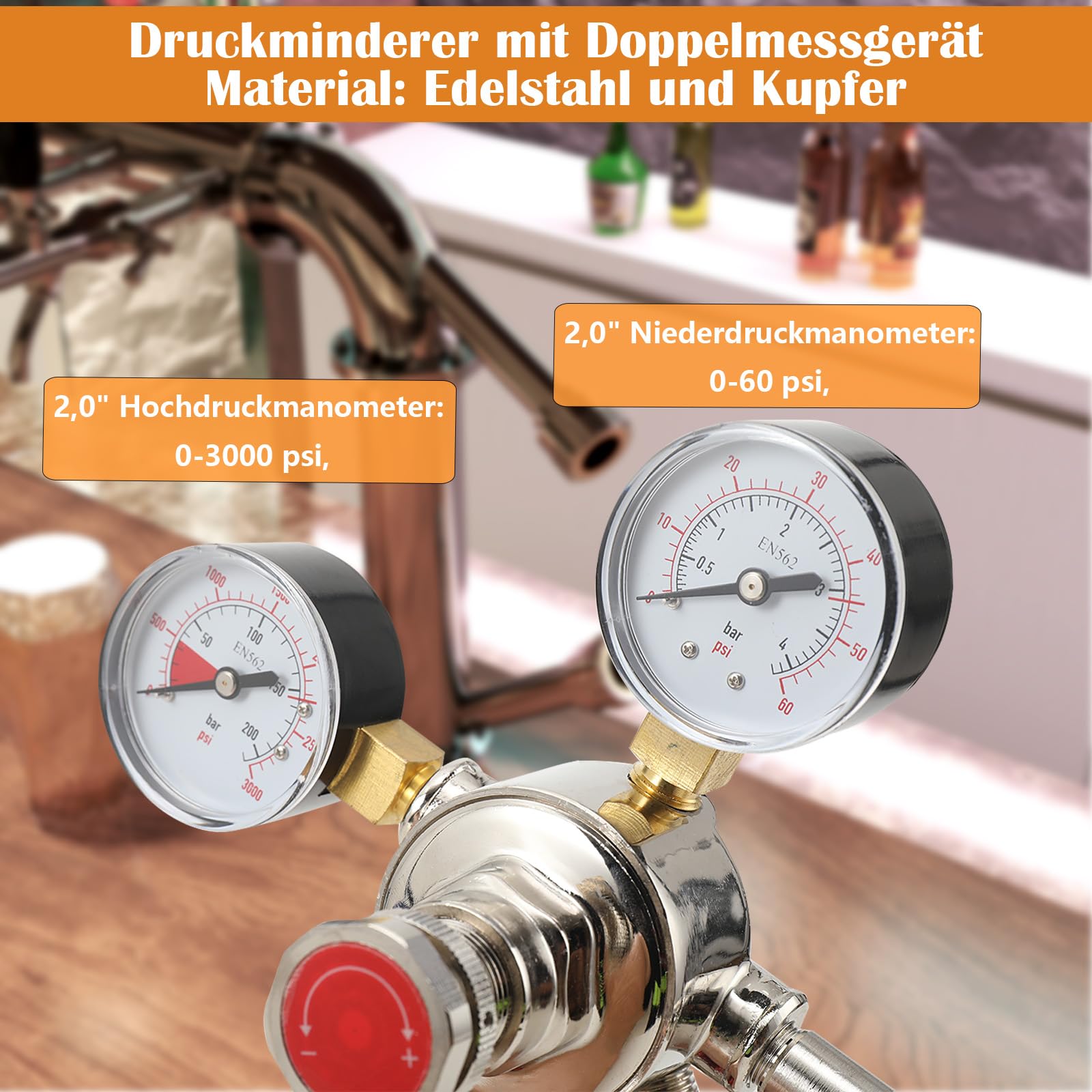 Druckminderer 2 leitig für Co2 Kohlensäure Bier zapfen 2 Anschlüsse Leitungen, CO2 Druckminderer Manometer doppelt Schankanlage Zapfanlage Hauptdruckminderer