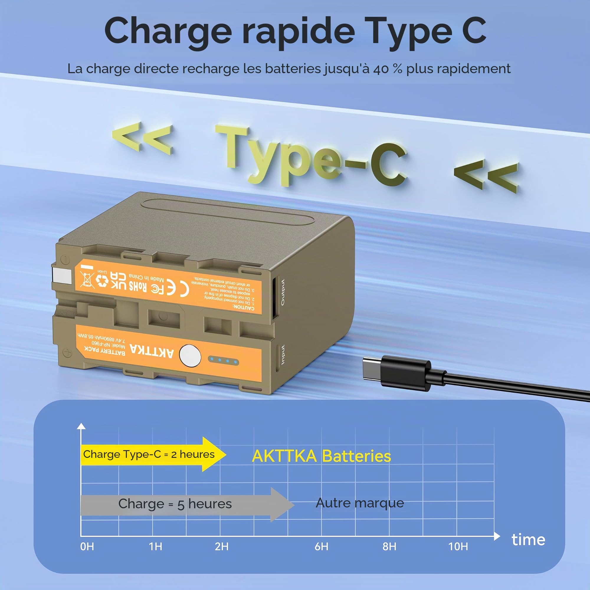 Lot de 2 Batteries NP-F960 8890mAh avec câble de Recharge USB-C