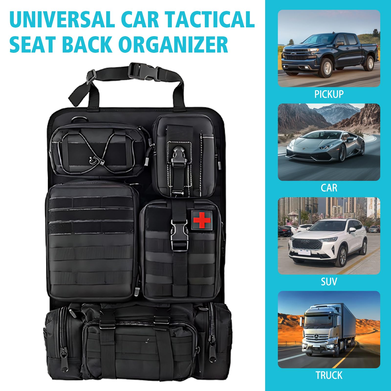 Taktischer Autositz-Organizer,Universal Vehicle Seat Back Organizer mit 5 abnehmbaren Aufbewahrungstaschen für Auto, LKW