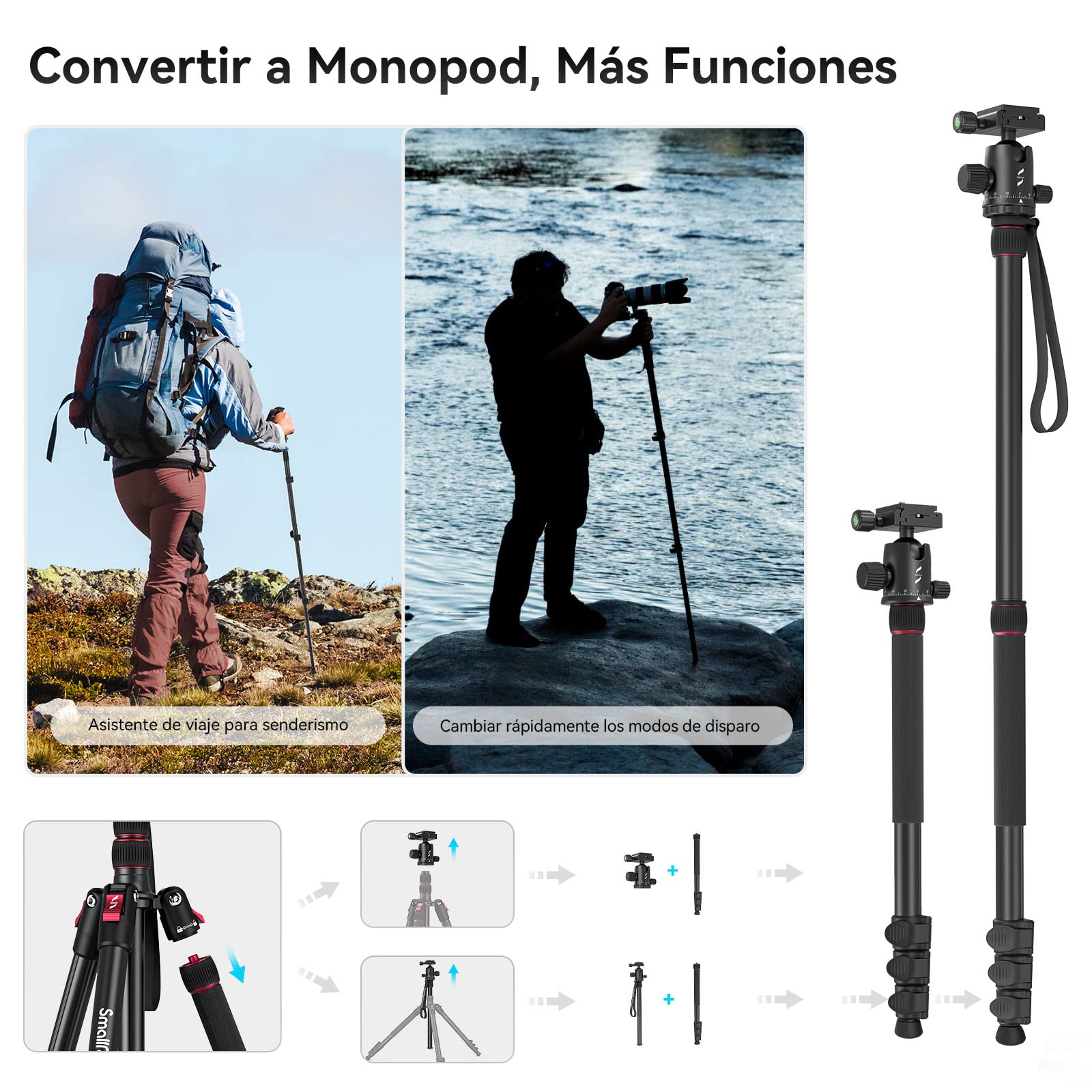 SMALLRIG Trípode Monopie para Cámara, 78.7" Plegable de Aluminio, Cabeza Esférica 360° Desmontable, Carga 33 LB - 3474C