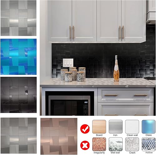 Miniatura 6 de YMMXGE Panel de 5 hojas de metal autoadhesivo para cocina, mosaico de aluminio autoadhesivo 3D, 11.81 x 11.81 x 0.12 pulgadas (5, negro cepillado)