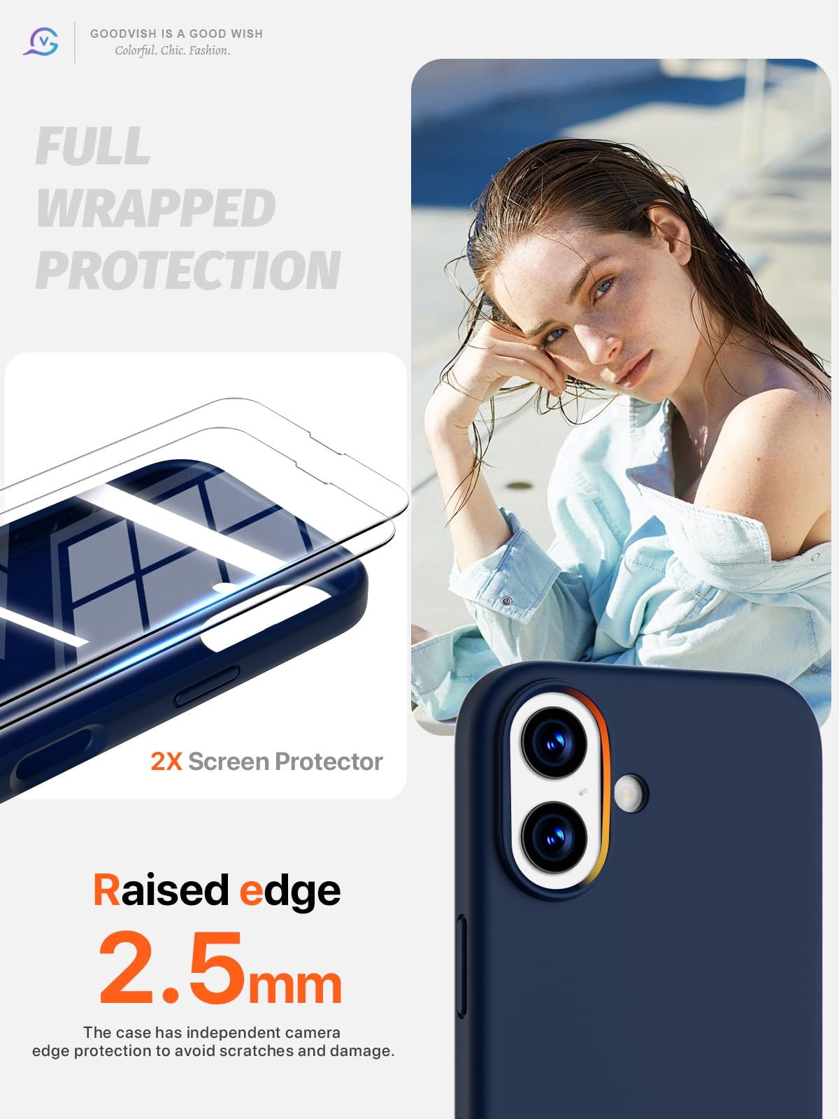 GOODVISH 3 in 1 Silicone Cover per iPhone 17 6.3", Custodia con 2 Pellicola Vetro Temperato [Protezione Fotocamera] 360° Protezione Anticaduta Case per Cellulare Antiurto Resistente, Navy Blu