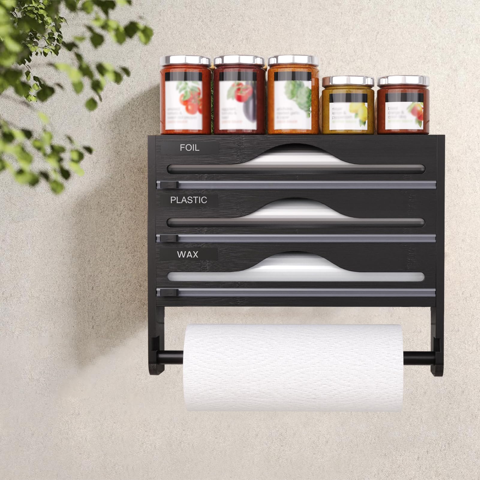 Cling Film and Foil Dispenser and Cutter Wall Mounted Cling Film Wrap Dispenser Organizer with Roll Holder and Labels, Kitchen Organizer & Holder Compatible with 12'' Roll