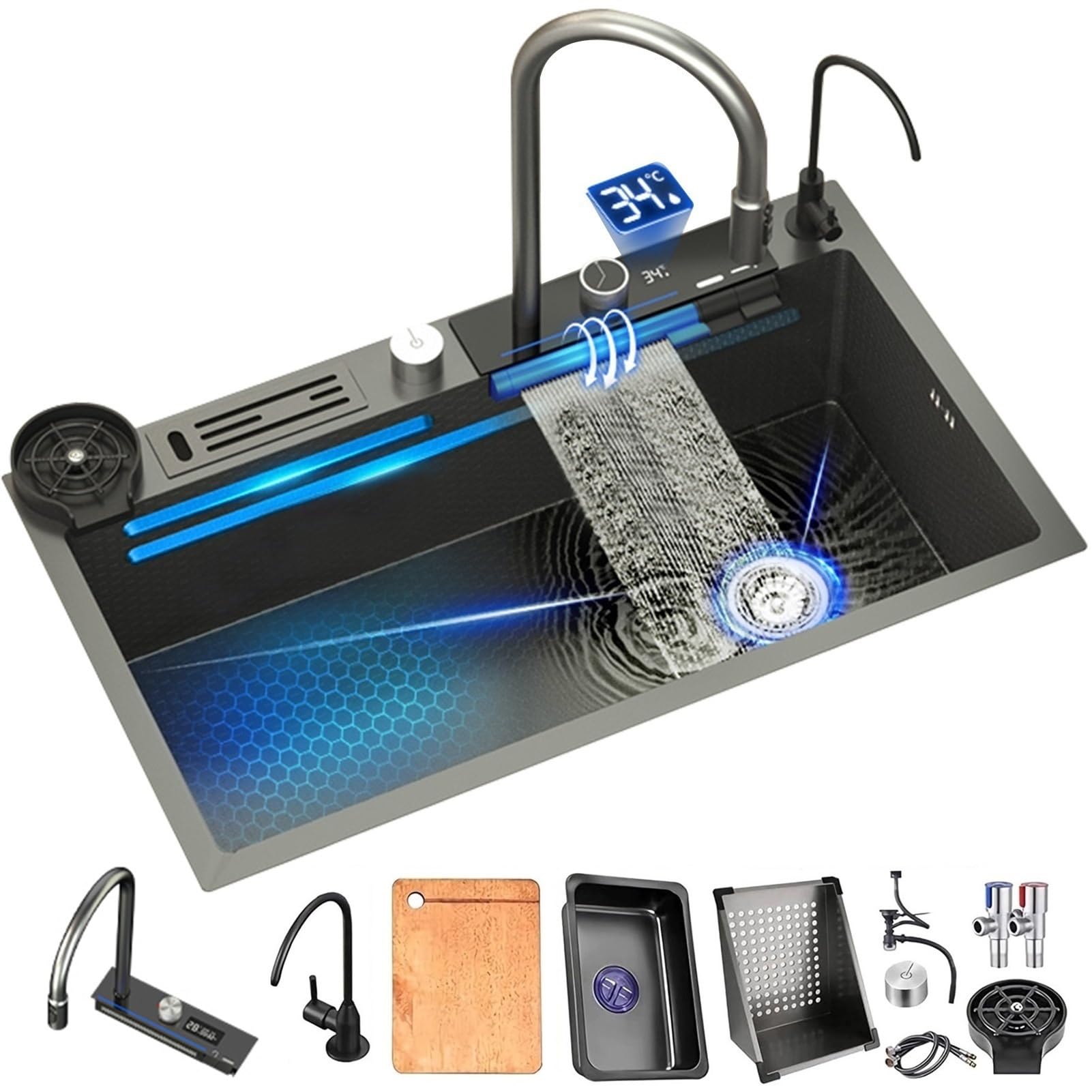 Lavelli da Cucina in Acciaio Inossidabile Set 304 Inossidabile Nano Raindance Lavello a Cascata con Rubinetto Estraibile Rondella a Pressione Lavello in Rilievo (Nero, 80x46CM)