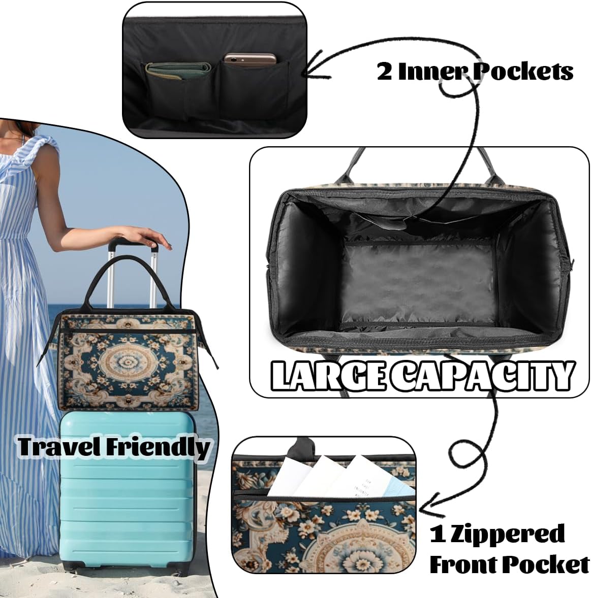 Carpet Flowers Patterns Gym Bag for Women Men, Travel Sports Duffel Bag with Trolley Sleeve, Waterproof Sports Gym Bags Weekender Overnight Carry On Tote Bags for Travel Sport - Image 6