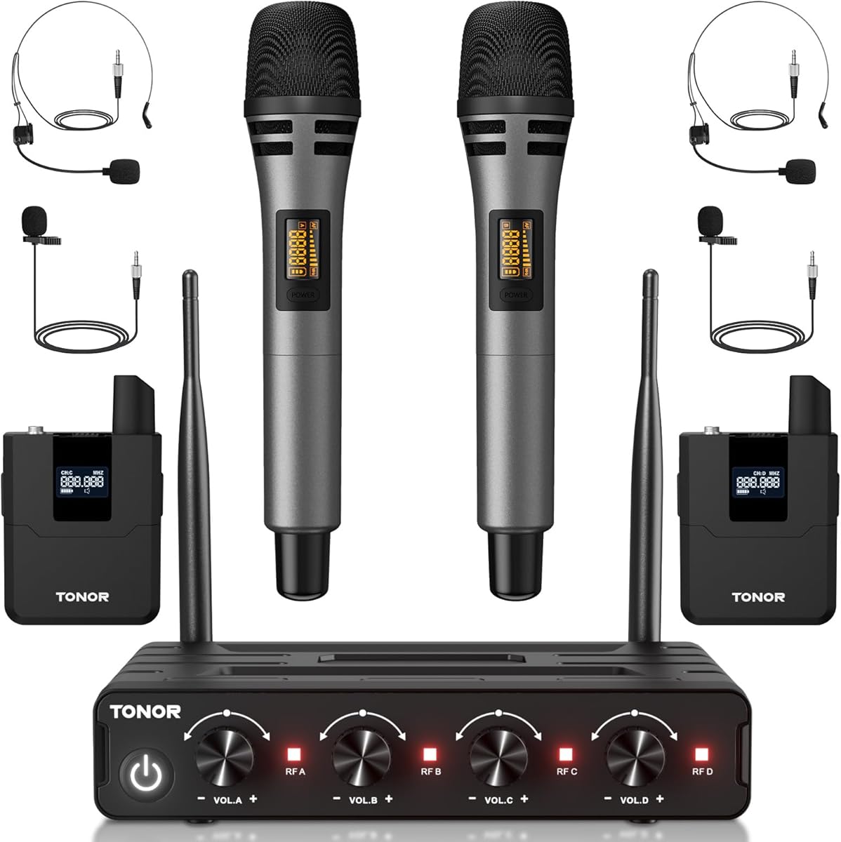 TONOR Wireless Microphone System, 4 * 10-Channel UHF Cordless Handheld Mic Set with Headset/Lavalier Lapel Mics, Bodypack Transmitter, Receiver, 60 m/200ft Range for Karaoke Singing Church PA Speaker