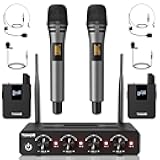 TONOR Wireless Microphone System, 4 * 10-Channel UHF Cordless Handheld Mic Set with Headset/Lavalier Lapel Mics, Bodypack Transmitter, Receiver, 200ft Range for Karaoke Singing Church DJ PA Speaker