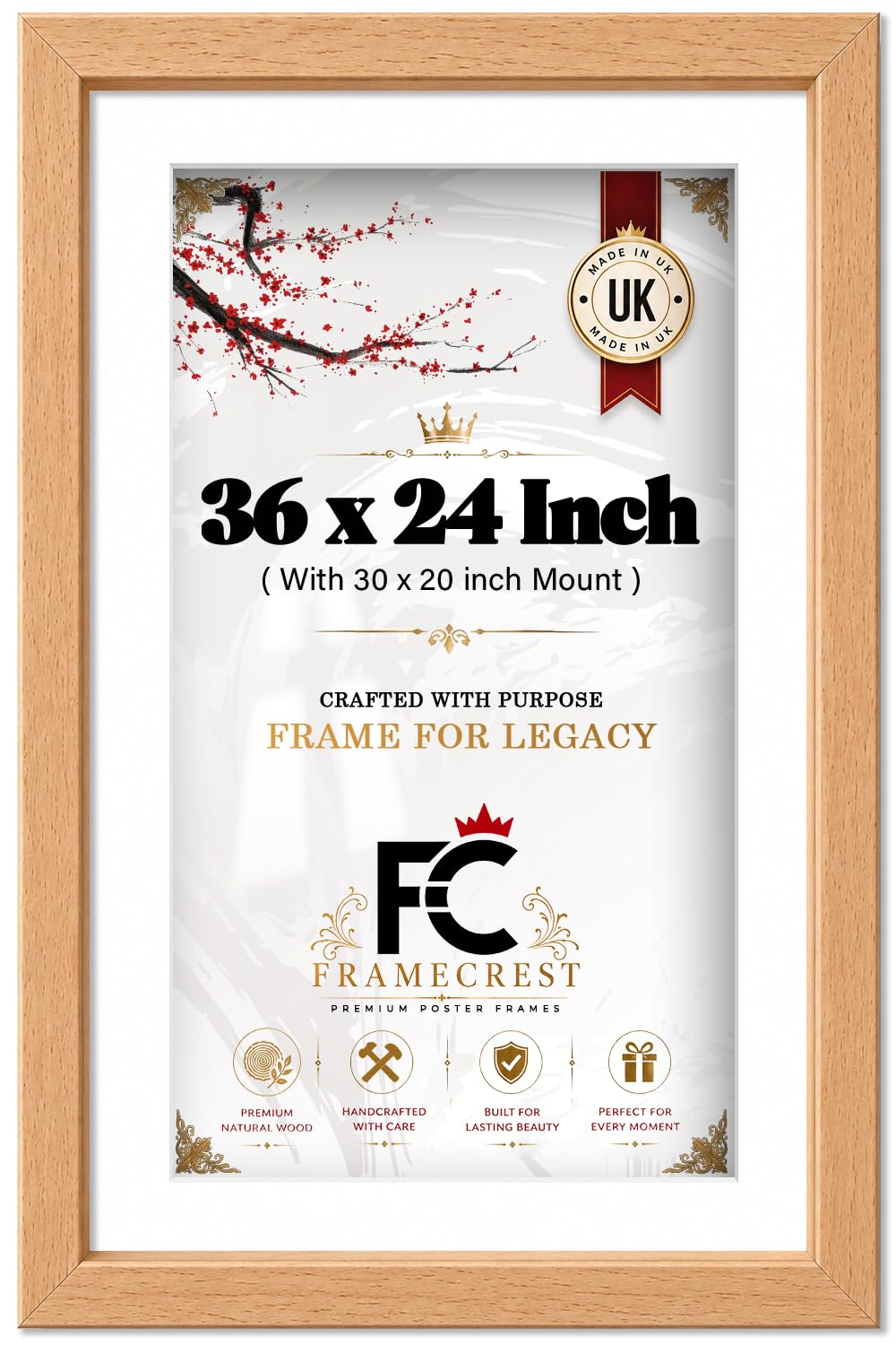 FRAMECREST LTD - 36 X 24 Poster Frame With 30 X 20 Inch White Mount For Horizontal And Vertical Display, Beech Picture Frame For Large Wall Art, Office And Home, Gallery Exhibitions - [Beech]