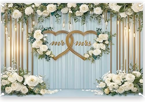 Fabric 7x5ft Mr and Mrs Backdrop for Wedding Romantic Ceremony White Flowers Wall Background Banner Bride to Be Couples Engagement Party Decorations Banner Supplies