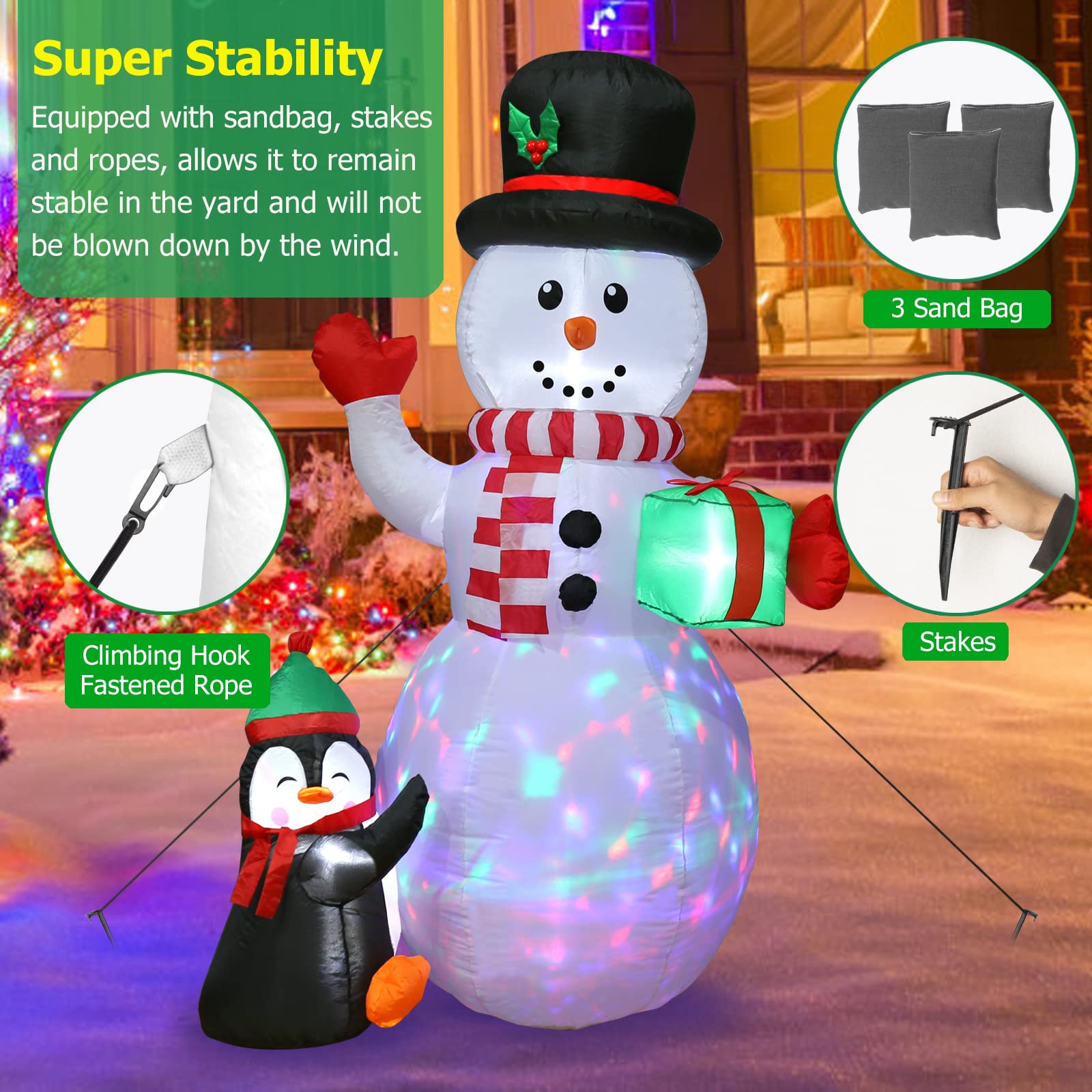 Elegear Christmas Inflatables Outdoor Decorations, 6FT Inflatable Snowman with Rotating RGB LED Lights Christmas Blow Up Yard Decorations with Penguin for Xmas Party Indoor Outdoor Decoration