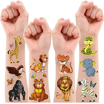 Leesgel Animal Tattoos for Children Pack of 62 Metallic Animal Glitter Tattoos for Gift Boys Girls Jungle Decoration Birthday Party Bags Children's Birthday Party Favours Children's Party Accessories
