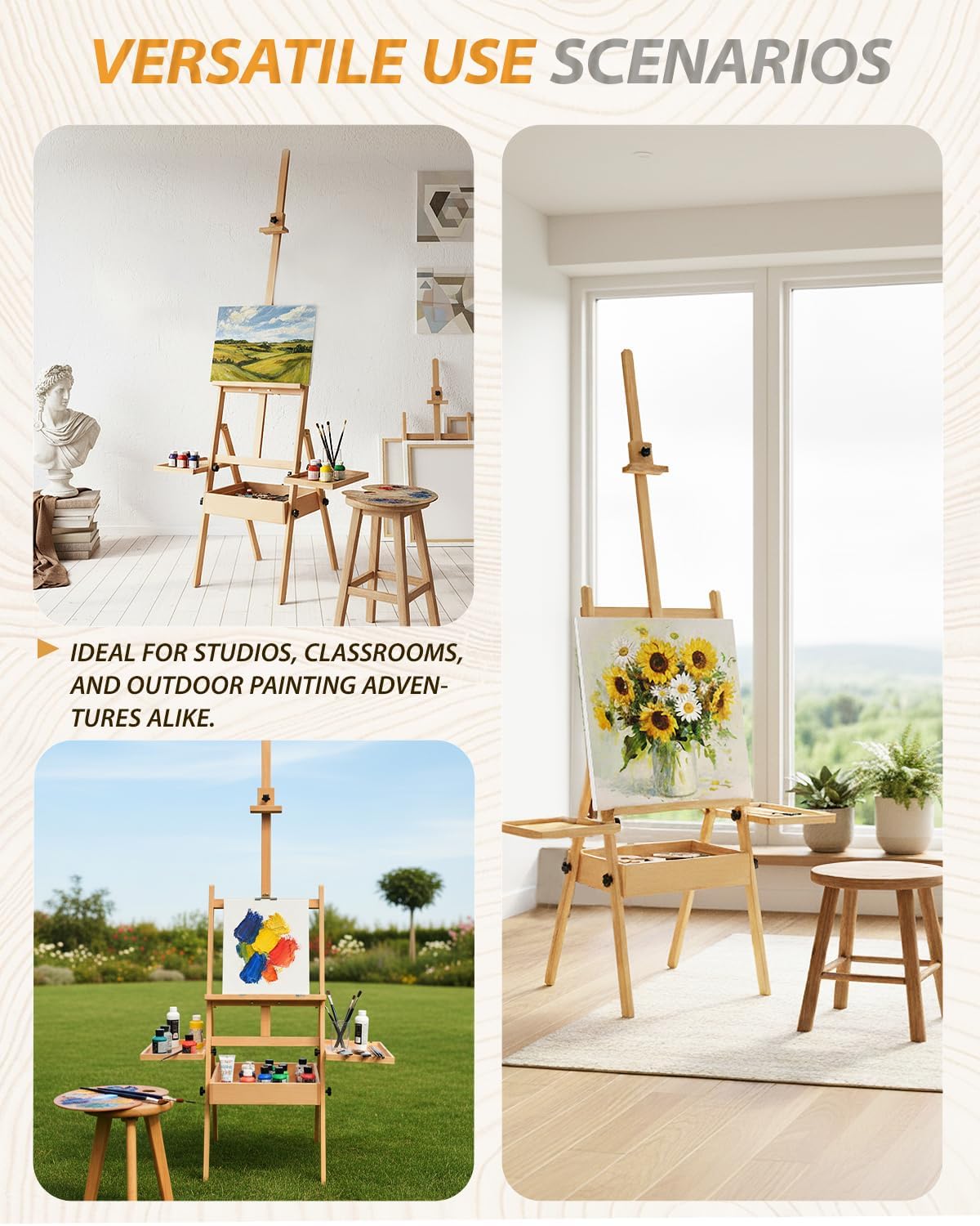 Foldable & Adjustable Art Easel with Storage Drawer Trays, Beech Wooden Easel Stand for Painting,H Frame Artist Easel for Painting Easel for Adults,Wood Easel Stand for Artist Students Studio