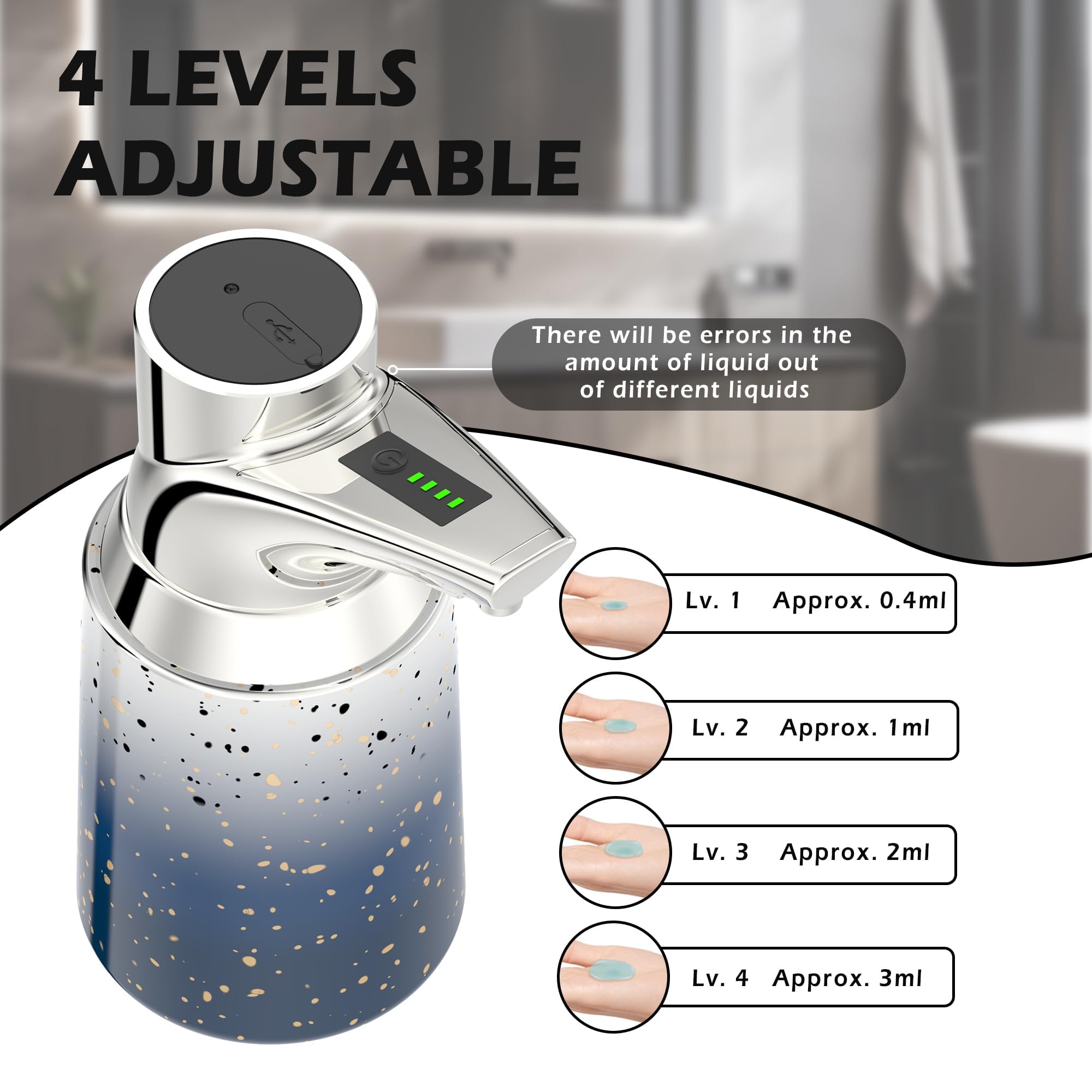 Dispenser di sapone automatico, con 4 livelli regolabili, erogatore di sapone elettrico senza contatto a batteria da 300 ml, con sensore, impermeabile IPX6, per bagno, cucina