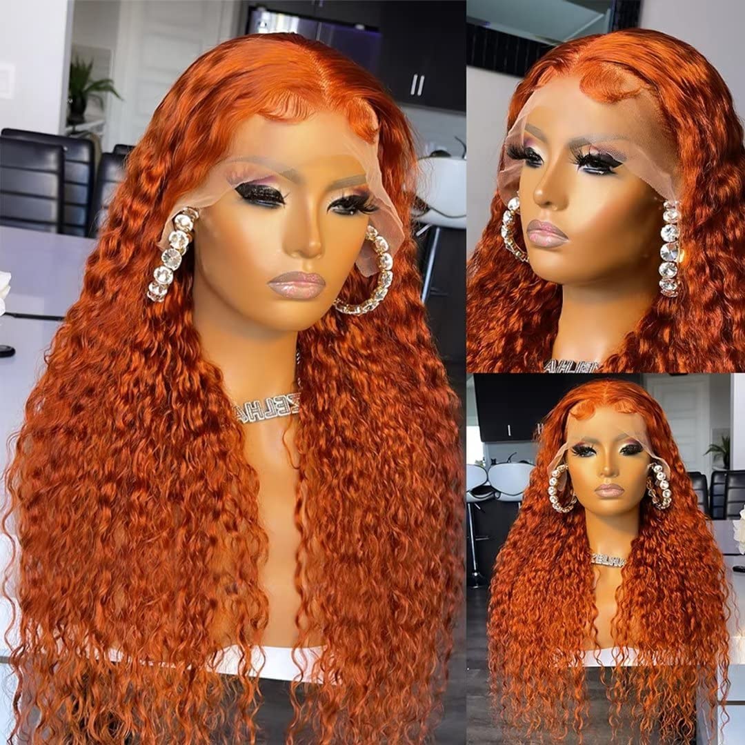 Pelucas de cabello humano rizado con encaje frontal de 22 pulgadas, con parte en T, pelucas de cabello humano rizado color naranja jengibre, densidad del 180%, peluca de encaje frontal de onda profunda, predepilada, peluca de cabello humano naranja quemad 2