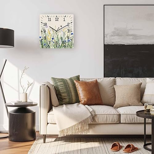 Miniatura 4 de Reloj de pared de madera con flores botánicas, silencioso, sin tictac, acuarela, flores, hierbas, granja, retro, cuadrado, funciona con pilas, reloj