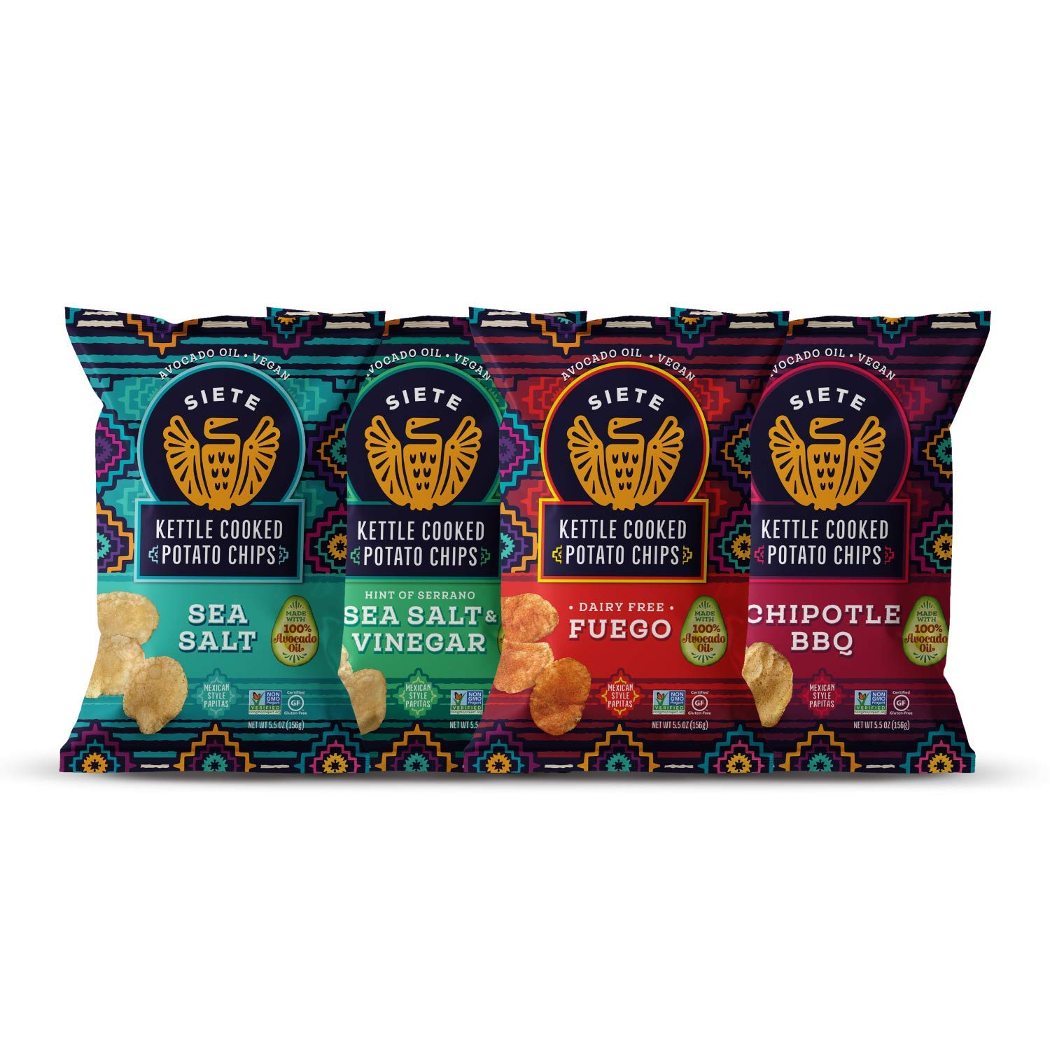 SieteGrain Free Potato Chips - Kettle Cooked | Gluten Free Chips | Vegan Snacks | Non GMO | Variety Pack, Sea Salt, Sea Salt & Vinegar, Fuego, Chipotle BBQ (Pack of 8)
