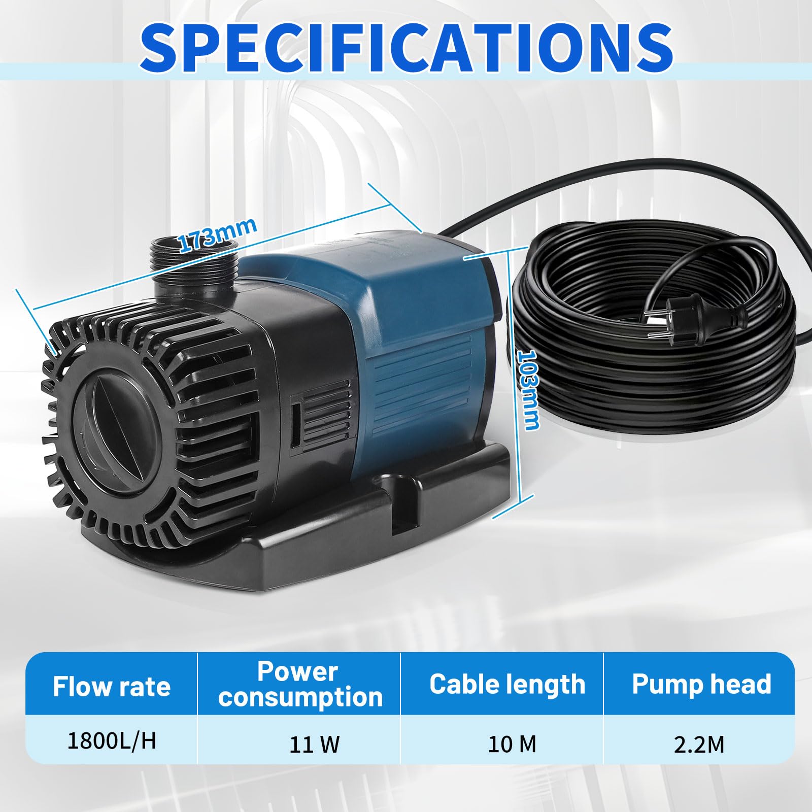 SWAWIS Pompa do oczka wodnego z filtrem, 11 W, 1800 l/h, energooszczędna pompa do akwarium, maks. wysokość tłoczenia 2,2 m, długość kabla 10 m, pompa zanurzeniowa, pompa fontannowa, pompa strumieniowa