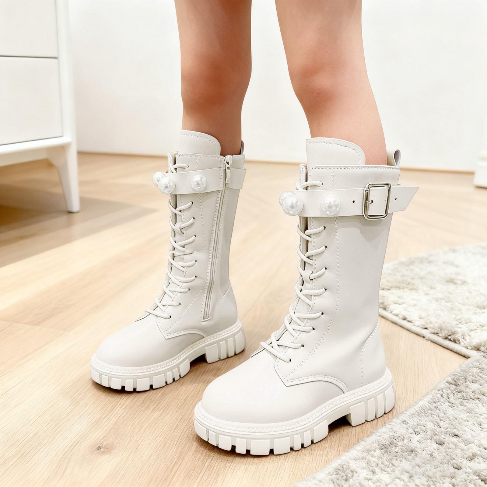 Generico Stivali Bambina con Tacco,Stivali Invernali alla Moda per Ragazze Scarpe Alte alla Caviglia con Fibbia in Perle per Bambini Piccoli Abbigliamento Casual Elegante
