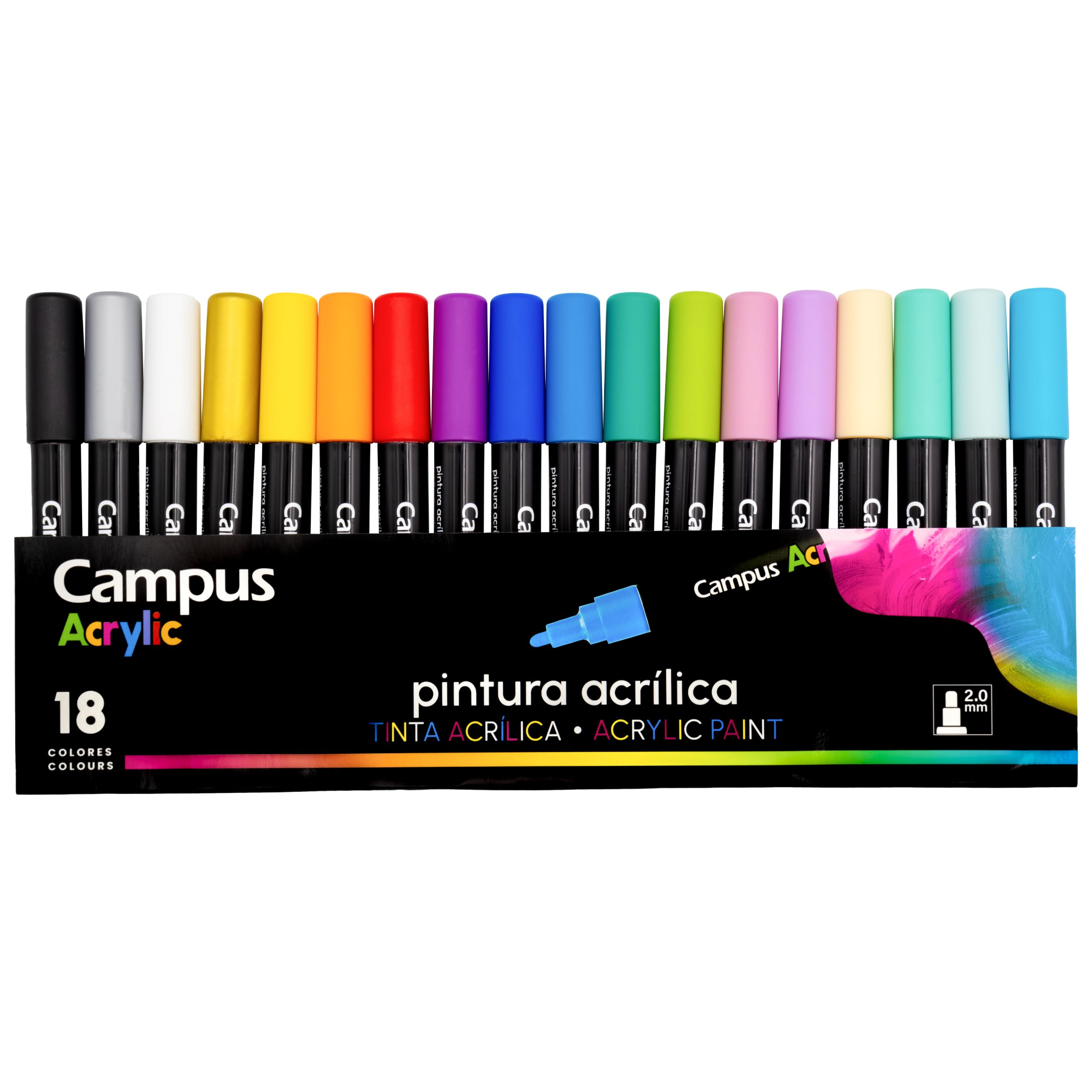 Campus – Rotuladores Acrílicos, Pack de 18 Marcadores de Punta Redonda de 2mm, Rotuladores de Colores No Permanentes Base al Agua, Marcadores Acrílicos de Pintura Opaca y Secado Rápido (18 Colores)