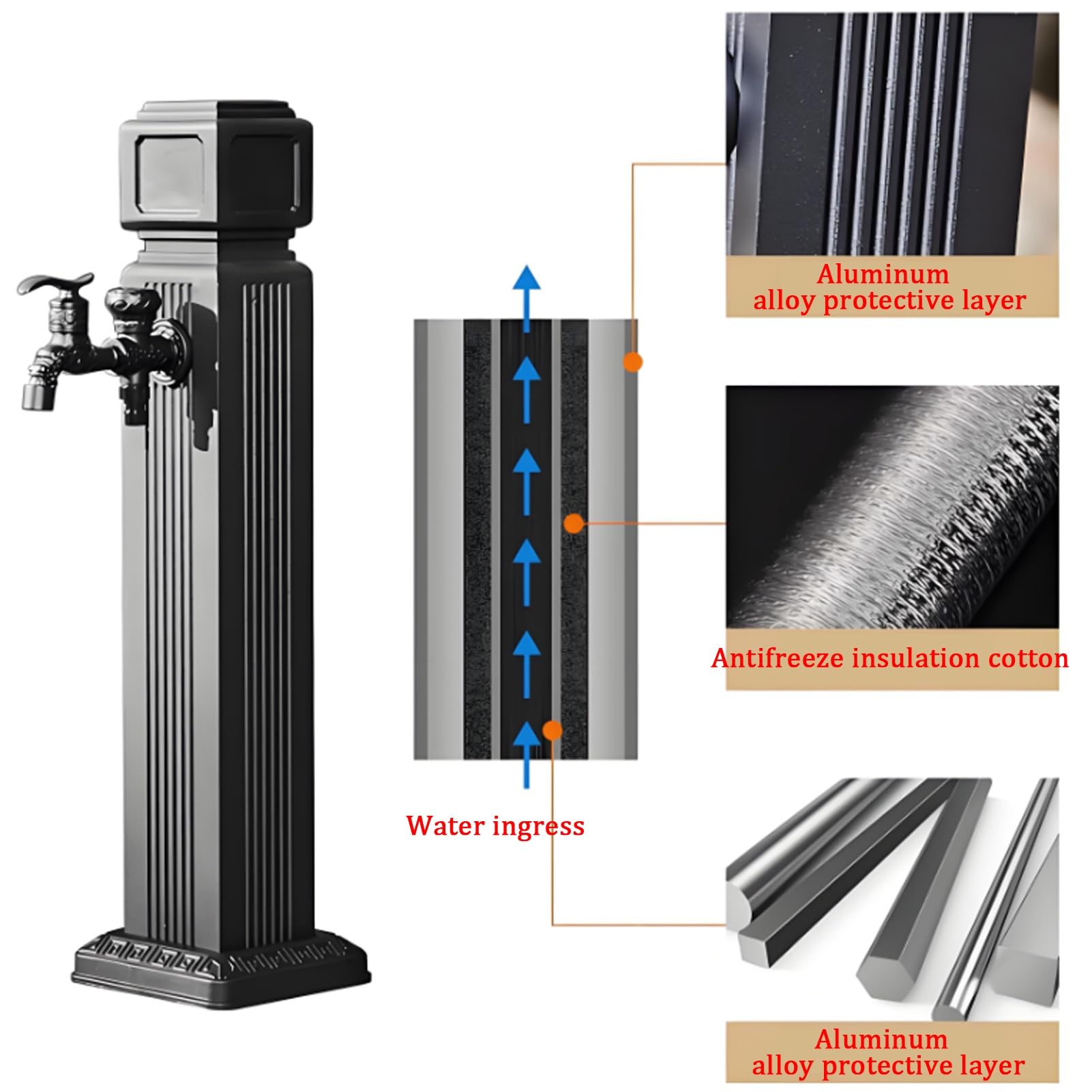 Colonne d'arrosage en Acier Inoxydable pour Jardin, Robinet extérieur Vertical antigel de 110 cm (43,3 po), Solution carrée d'irri