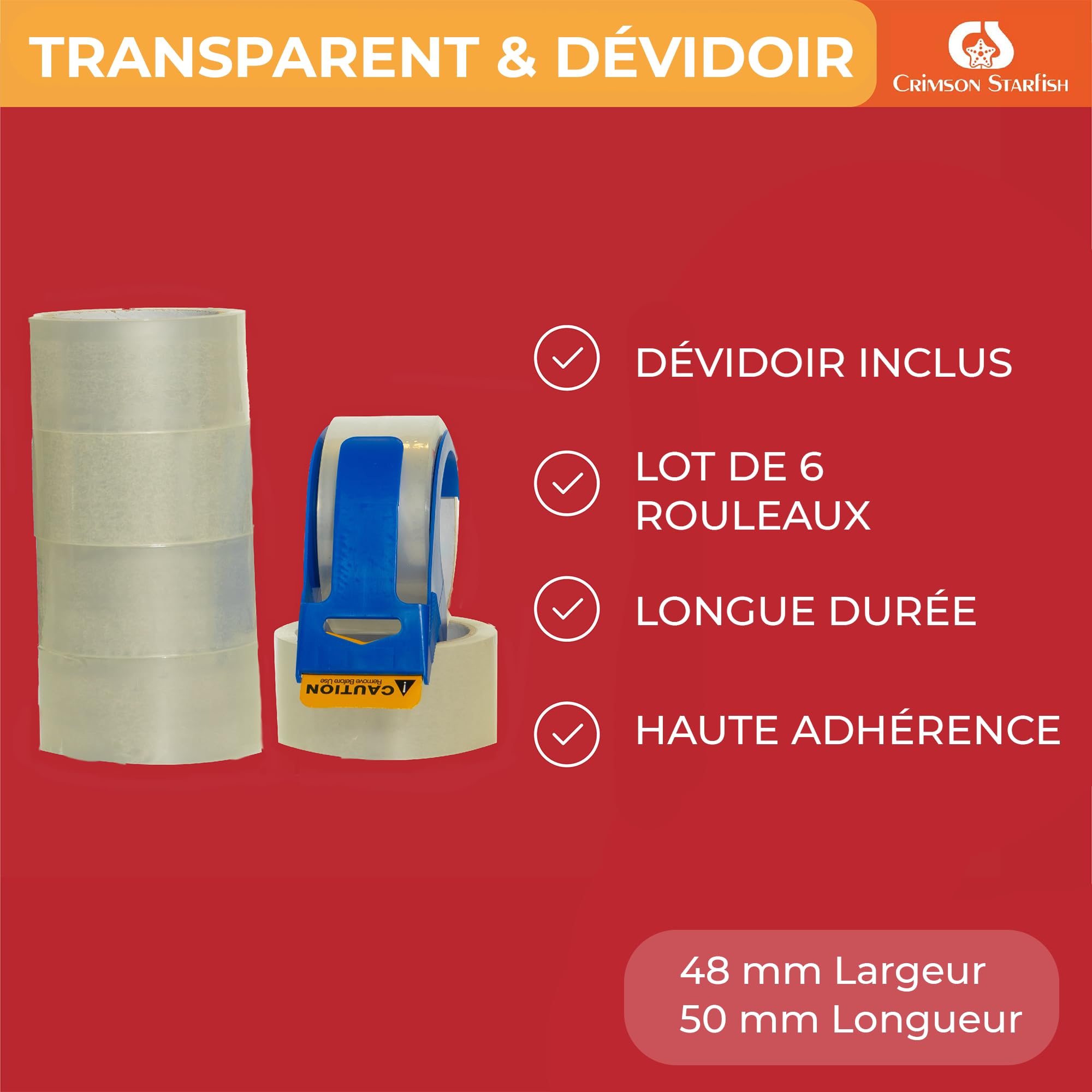 Ruban Adhésif Transparent 48mm x 66m 6 Rouleaux pour Colis Cartons Déménagement