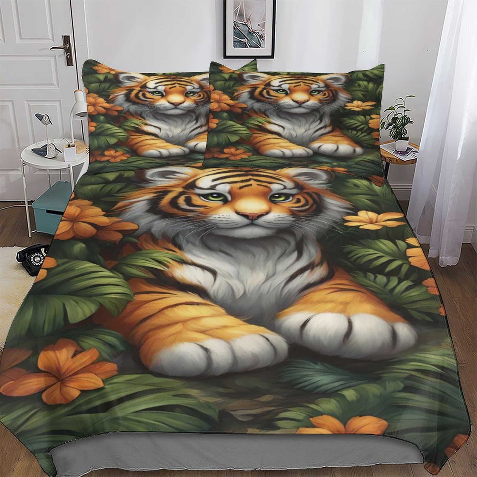 Housse couette double motif tigre, linge de lit 3 pièces finitions soignées en coton doux