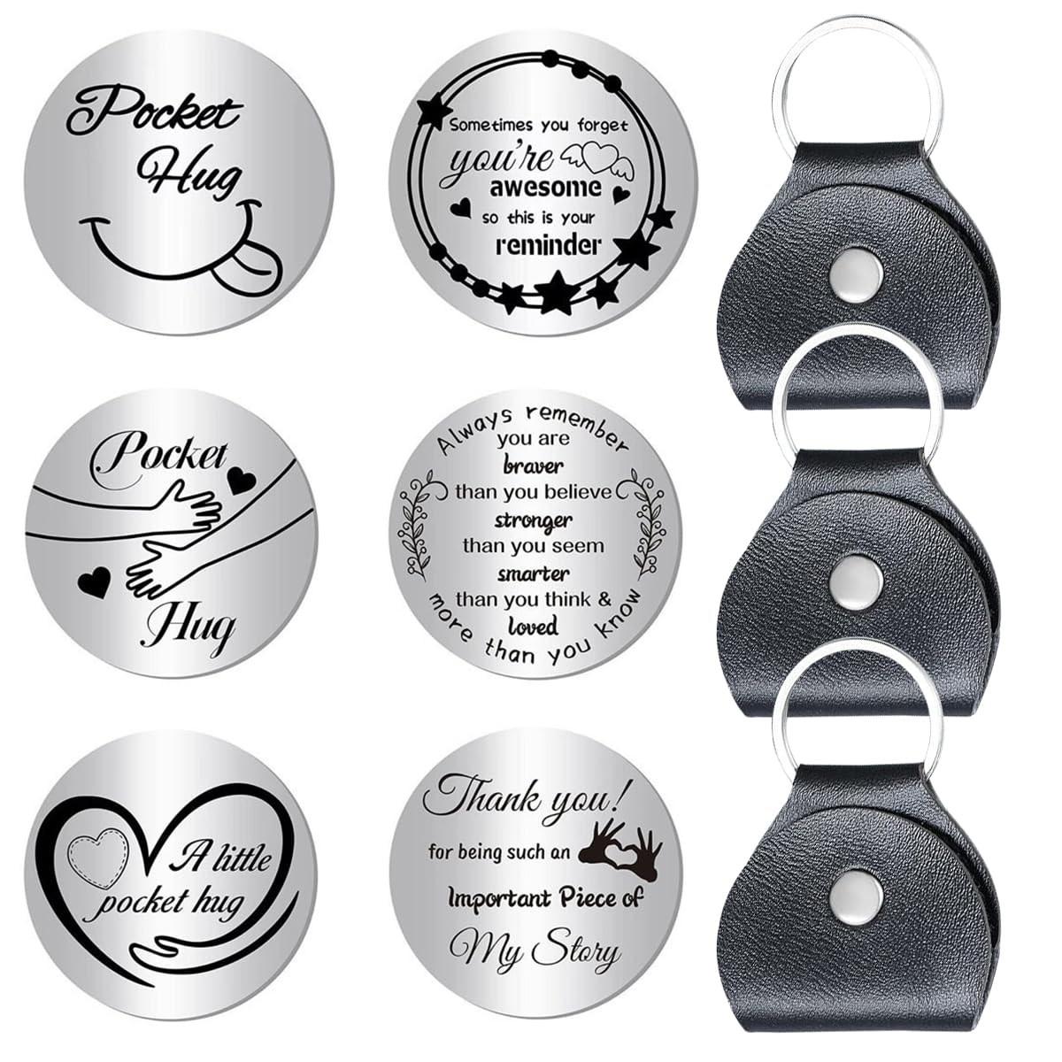 Asaisimg 3 Pcs Pocket Hug Token, Inspirational Pocket Hugs Token Gift with PU Leather Keychain for Women Men, Stainless Steel Double Sided Silver Tokens Coin for Long Distance Relationship Keepsake