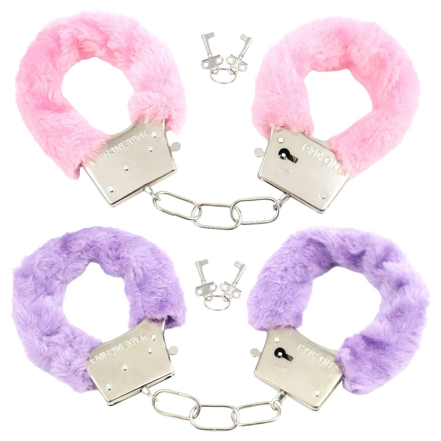 WUFGWBD 2 Pieces Of Plush Handcuffs Toys, Sexy Metal Handcuffs, Couple Toys, Prom Party Clothing Accessories (Pink, Purple).