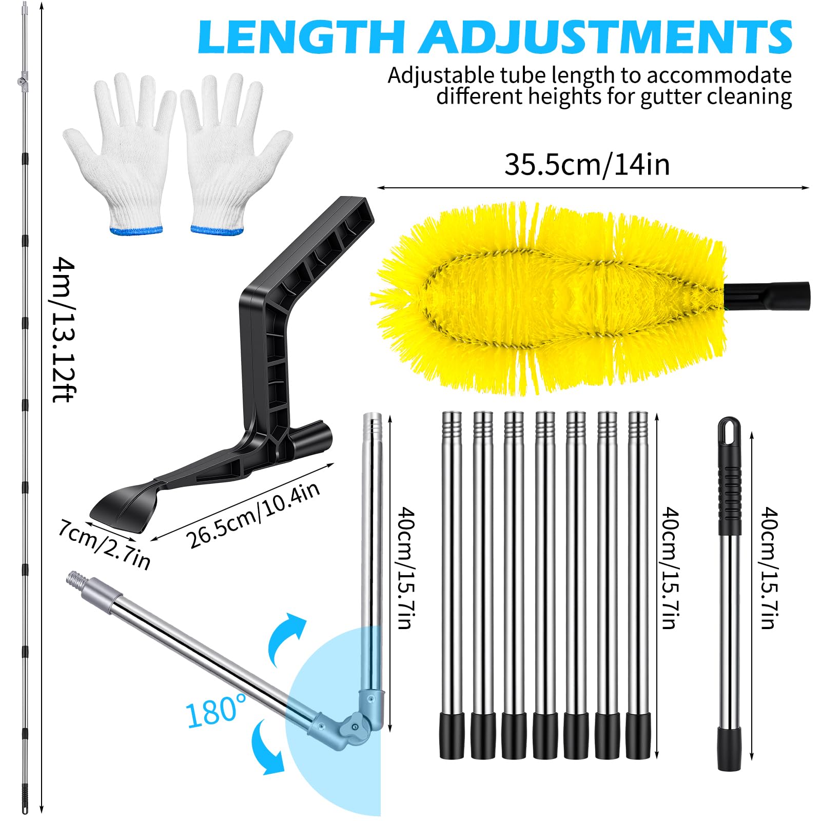 3.9M 2 in 1 Teleskop Dachrinnenreinigungswerkzeug mit Bürste und Laubschaufel, Ausziehbares Aluminium Dachrinnenreiniger Kit, 180° Einstellbarer Winkel, Inklusive Handschuhe