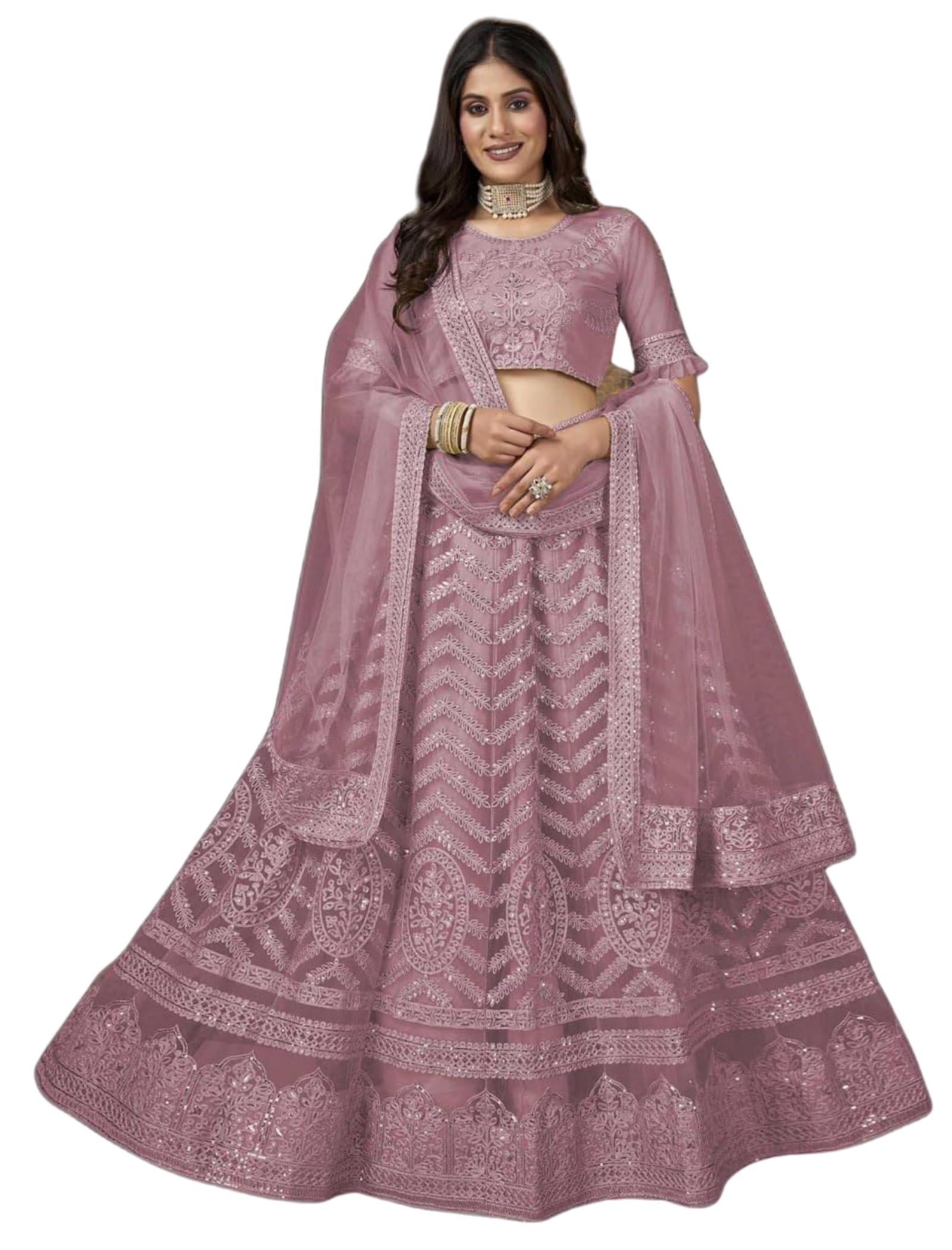 Amazon Brand-Women's Net Embroidred Lehenga Choli And Dupatta Set (Free Size)-image-49