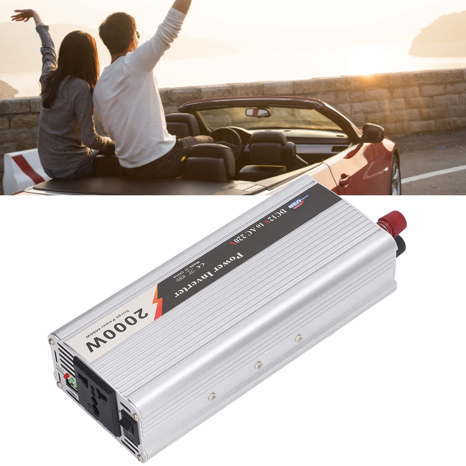 Inversor de Corriente para Automóvil de 2000 W, CC 12 V a CA 220-230 V, Onda Sinusoidal Corregida, con 1 Enchufe Universal, Interfaz USB de 5 V, Protección Múltiple, para Cargar