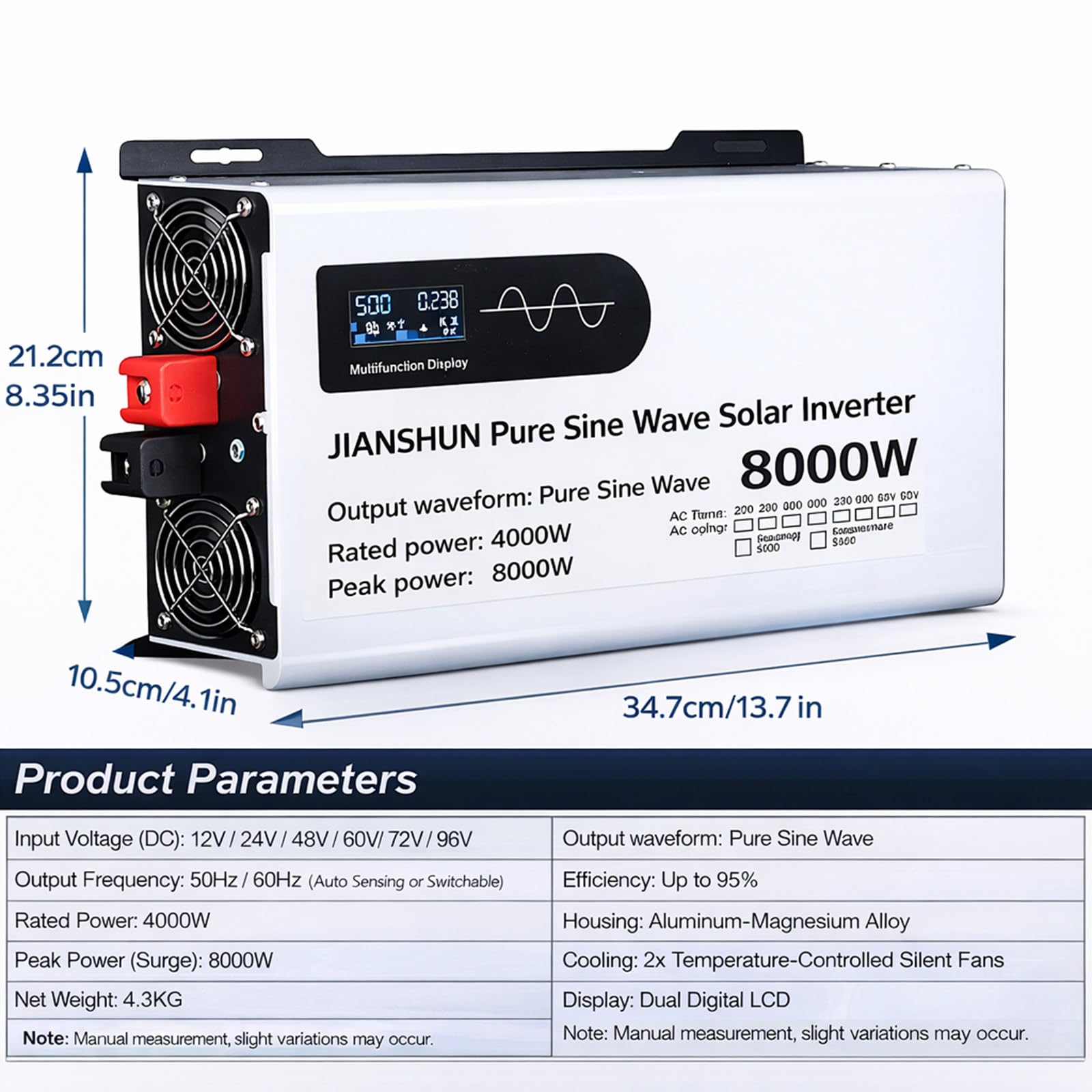 Inverter a Onda Sinusoidale Pura 6000W, Inverter Auto DC 12V/24V/48V a 110V/220V AC con Prese AC e Display LCD, per Veicoli e Camper 12V8000W