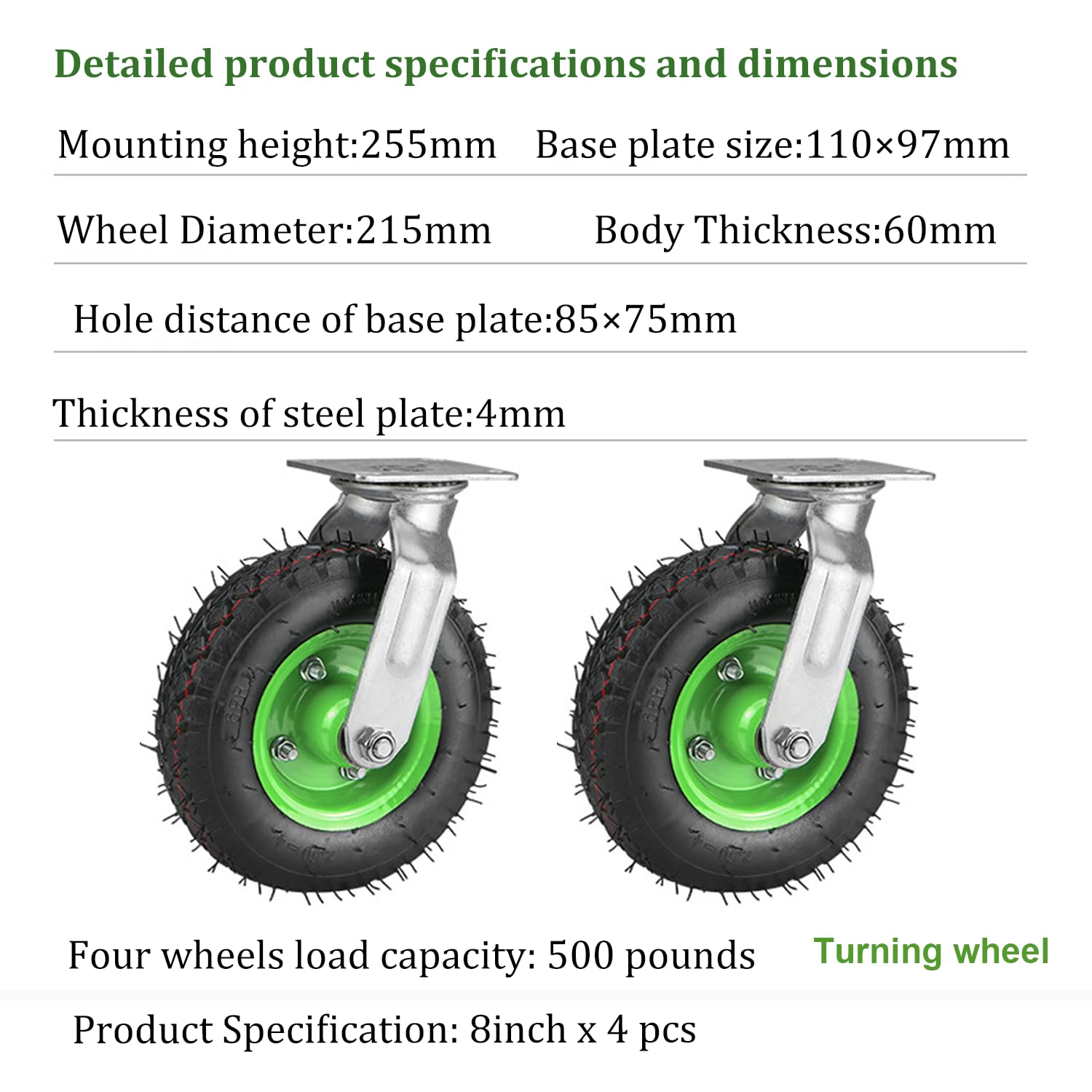 Ruote Per Carrello Carichi Pesanti,215 mm Per Carichi Pesanti,Set di due ruote girevoli con assorbimento degli urti,Per Il Trasporto Pesanti,Capacità 250kg,Adatte Per Carrelli e Trasportatori