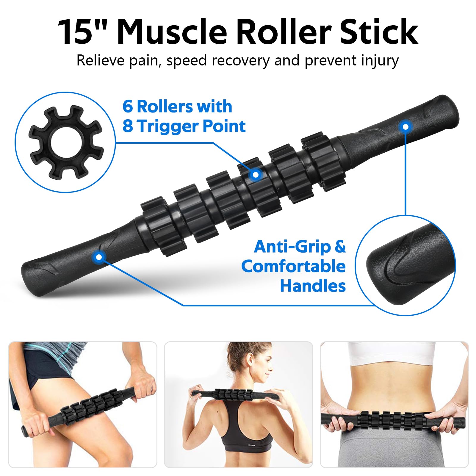 Juego de rodillos de espuma – Rodillo de espalda de alta densidad, rodillo muscular, 3 bandas de resistencia, bola de fascitis de 2 pies, correa de estiramiento, bola de masaje para terapia física y