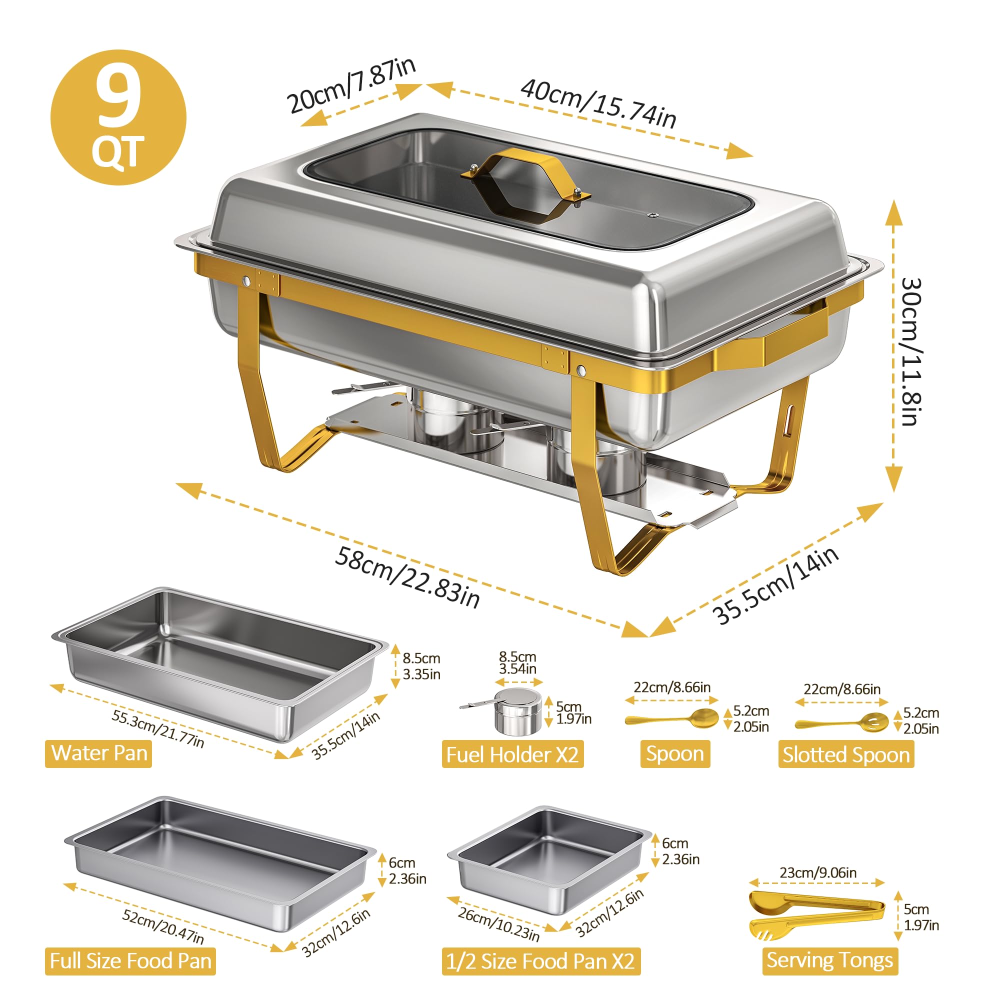 Set da 2 Vasi Riscaldanti Dorati con Finestra Trasparente, 8,5L Rettangolari per Buffet con Supporto Pieghevole, Scaldavivande in Acciaio Inossidabile per Feste ed Eventi di Catering