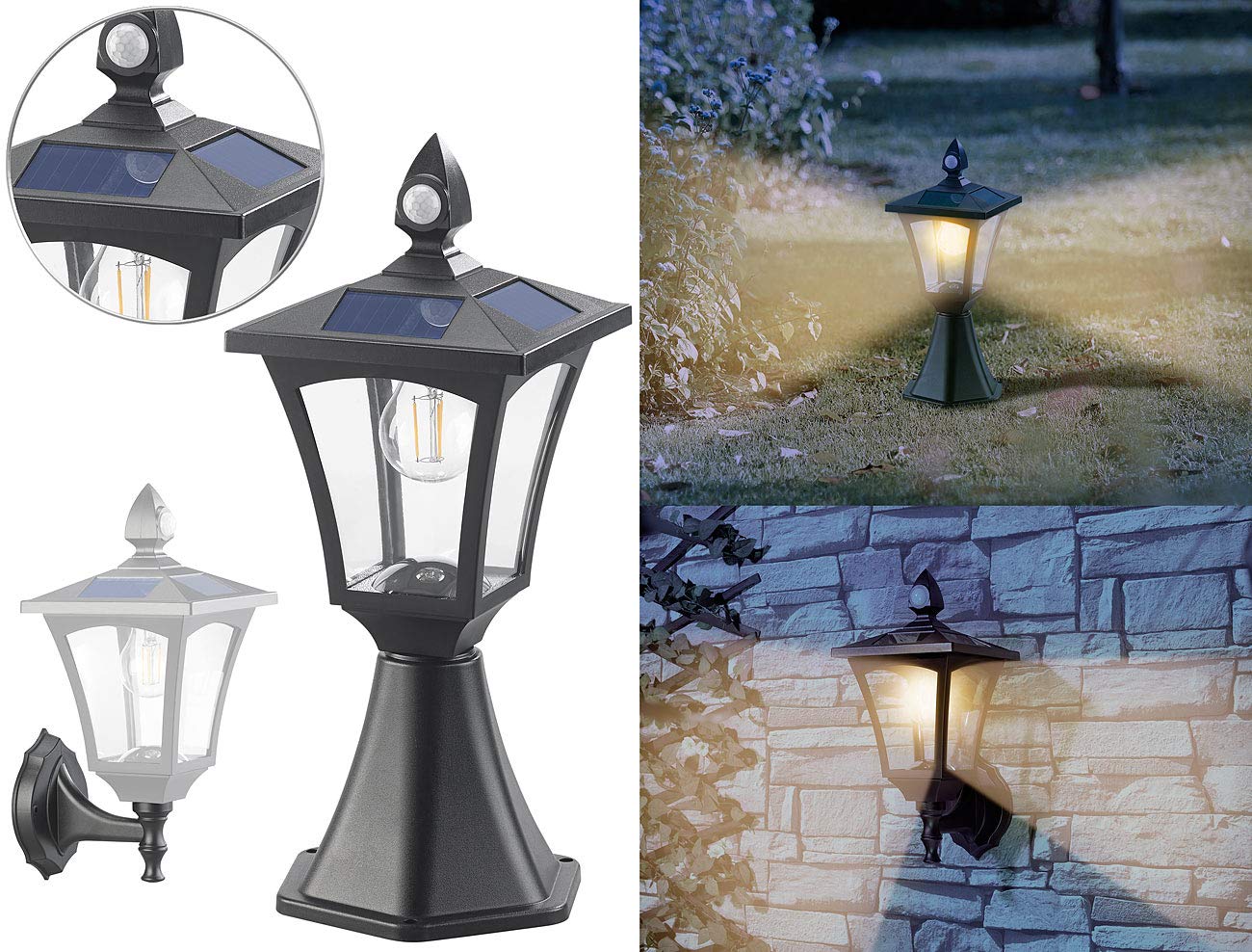 Royal Gardineer Gartenlampe: Solar-LED-Stand- & Wandlaterne, PIR-Sensor, Dämmerungssensor, 300 lm (Solarlaterne mit Dämmerungssensor, Sockel-Laterne, Panel)