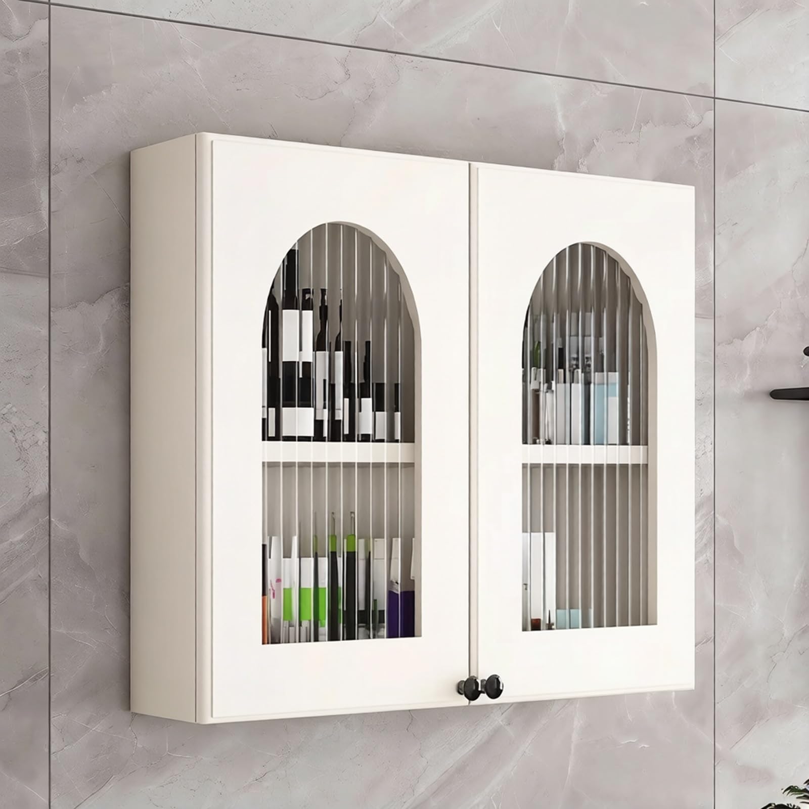 Armario de pared de baño con puerta de cristal arqueada y doble compartimento organizador