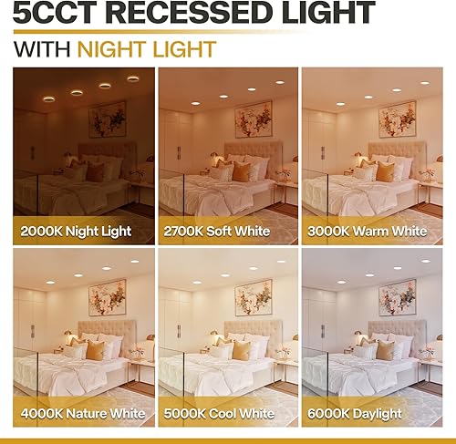 Miniatura 6 de POWERASIA Paquete de 12 luces empotrables de 6 pulgadas con luz nocturna, 5CCT luces LED empotrables de 6 pulgadas regulables
