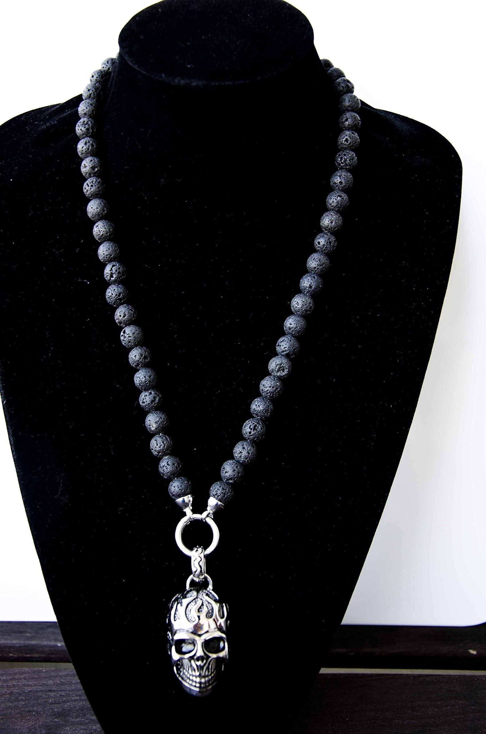 Halbedelstein Totenkopf Skull Halskette Rosenkranz Onyx, Herren Schmuck Männer schwarz Perlenkette Bikerschmuck Skull Edelstahl Gebetskette Geschenk Gothik Matt Lava Religion Handgemacht Handmade