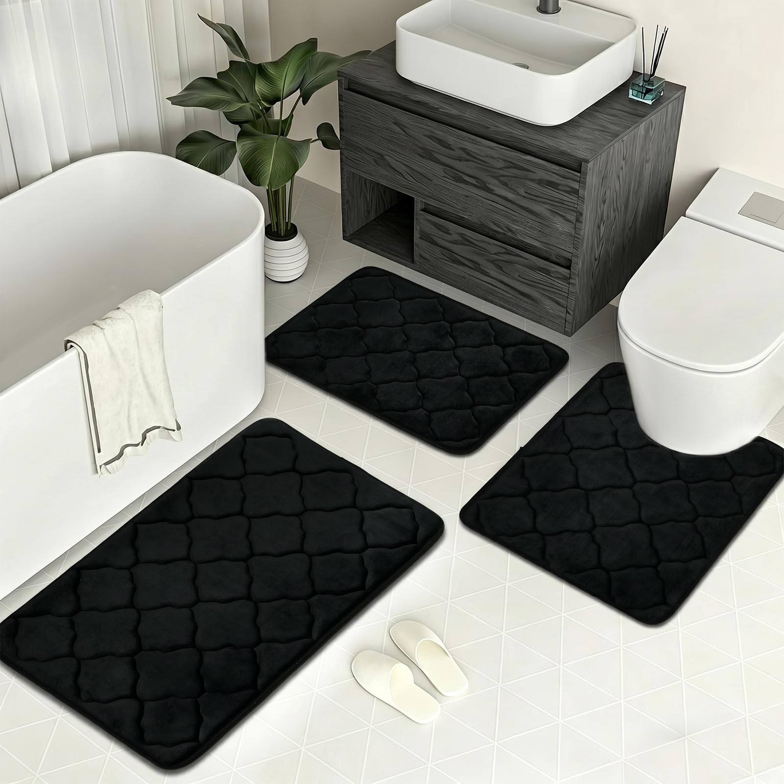 Tapis de bain en mousse à mémoire de forme noir lot de 3 pour salle de bain et WC