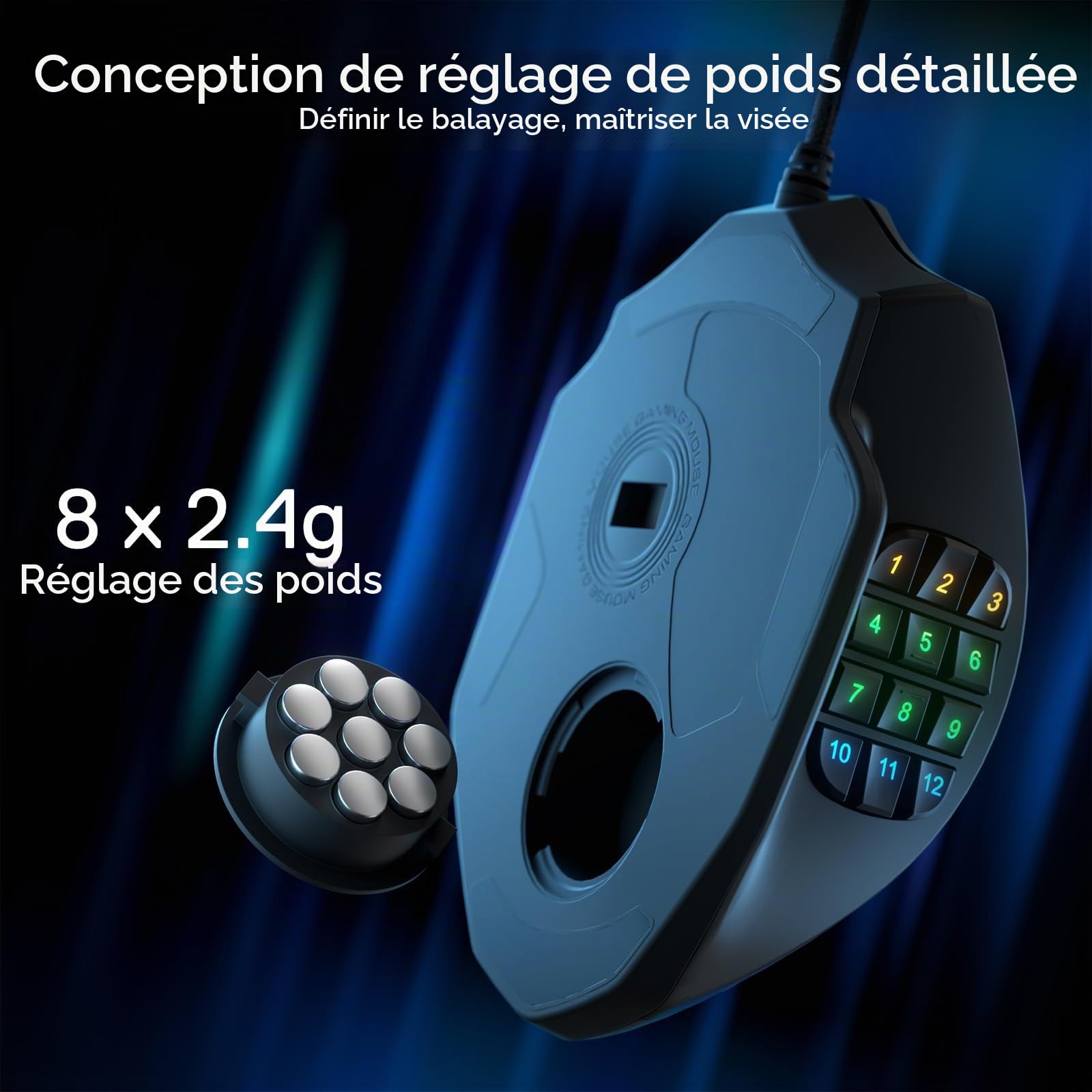 Redragon M908 Impact RGB LED MMO Souris de jeu 12 boutons latéraux, souris optique filaire ergonomique 12 400 DPI, haute précision, 18 raccourcis macro programmables